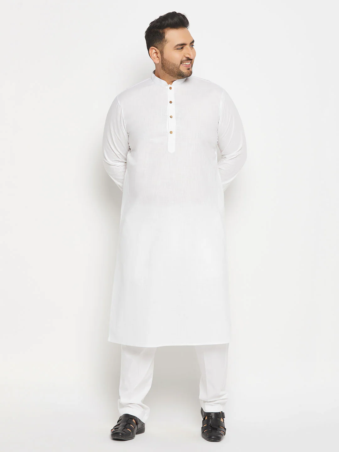 Men's Plus Size White Cotton Kurta And Cotton Pant Style Pyjama Set - Image 6
