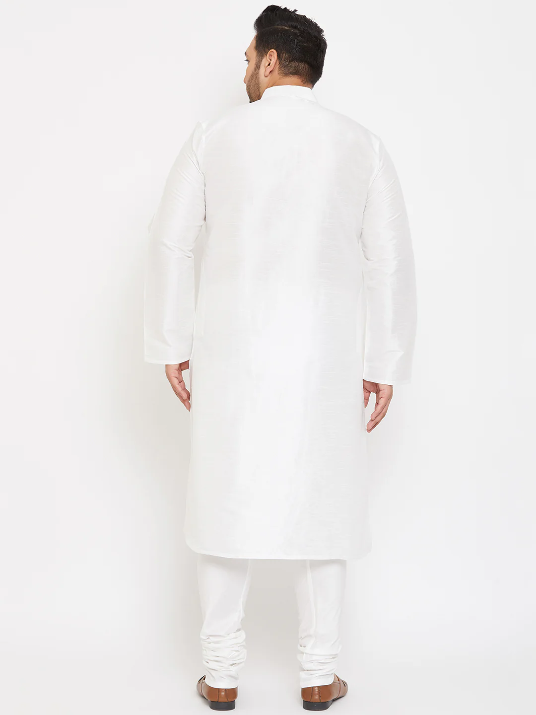 Men's Plus Size White Silk Blend Kurta Pyjama Set - Image 3
