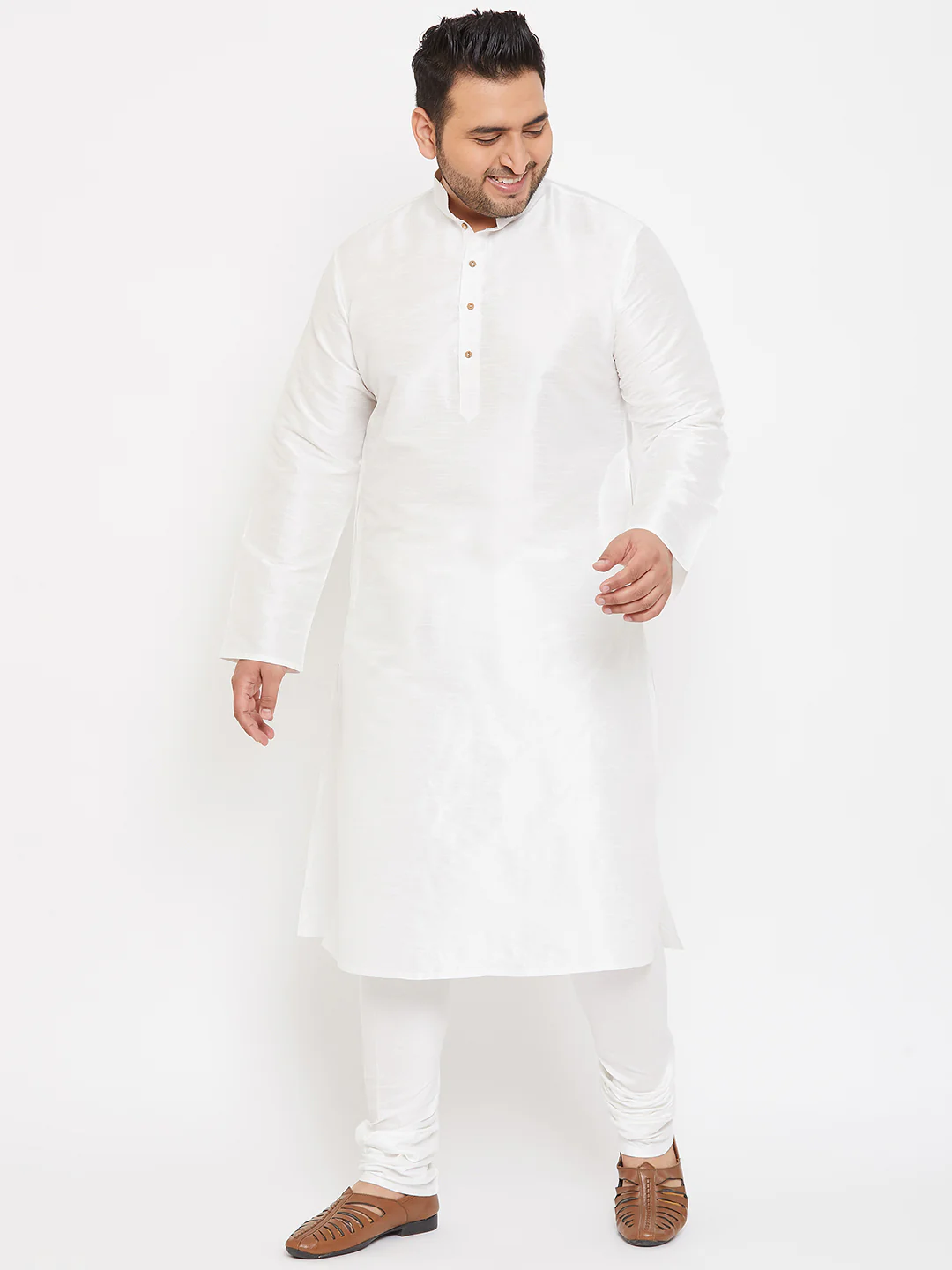 Men's Plus Size White Silk Blend Kurta Pyjama Set - Image 6