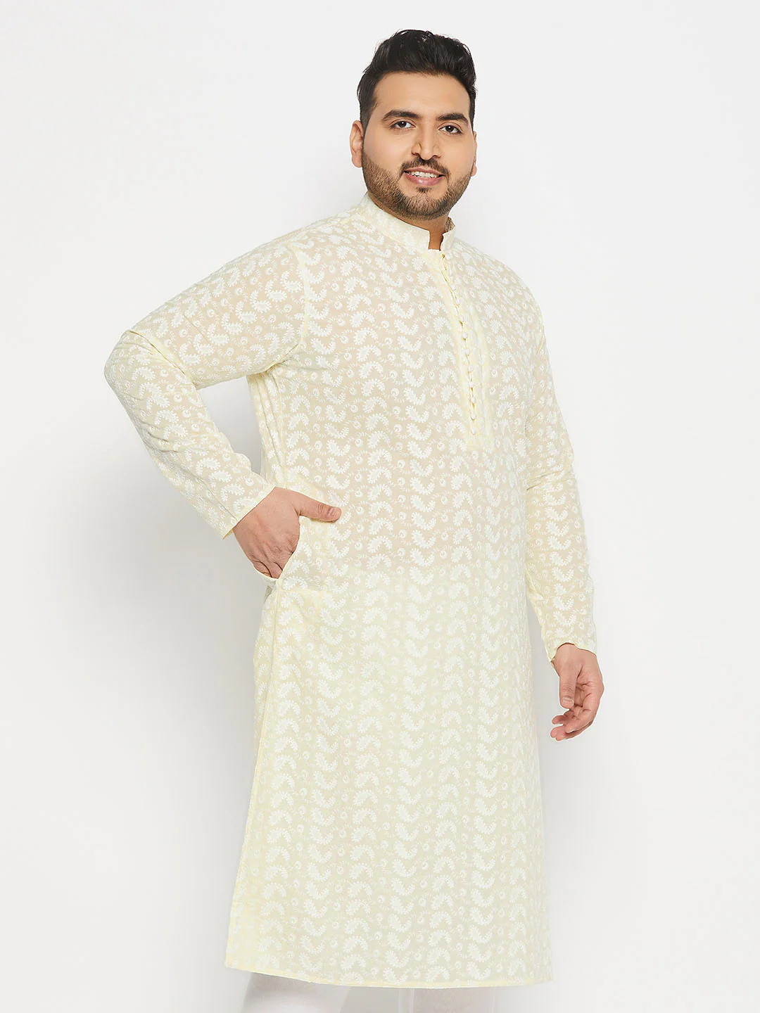 Men's Plus Size Yellow Chikankari Embroidered Kurta - Image 2