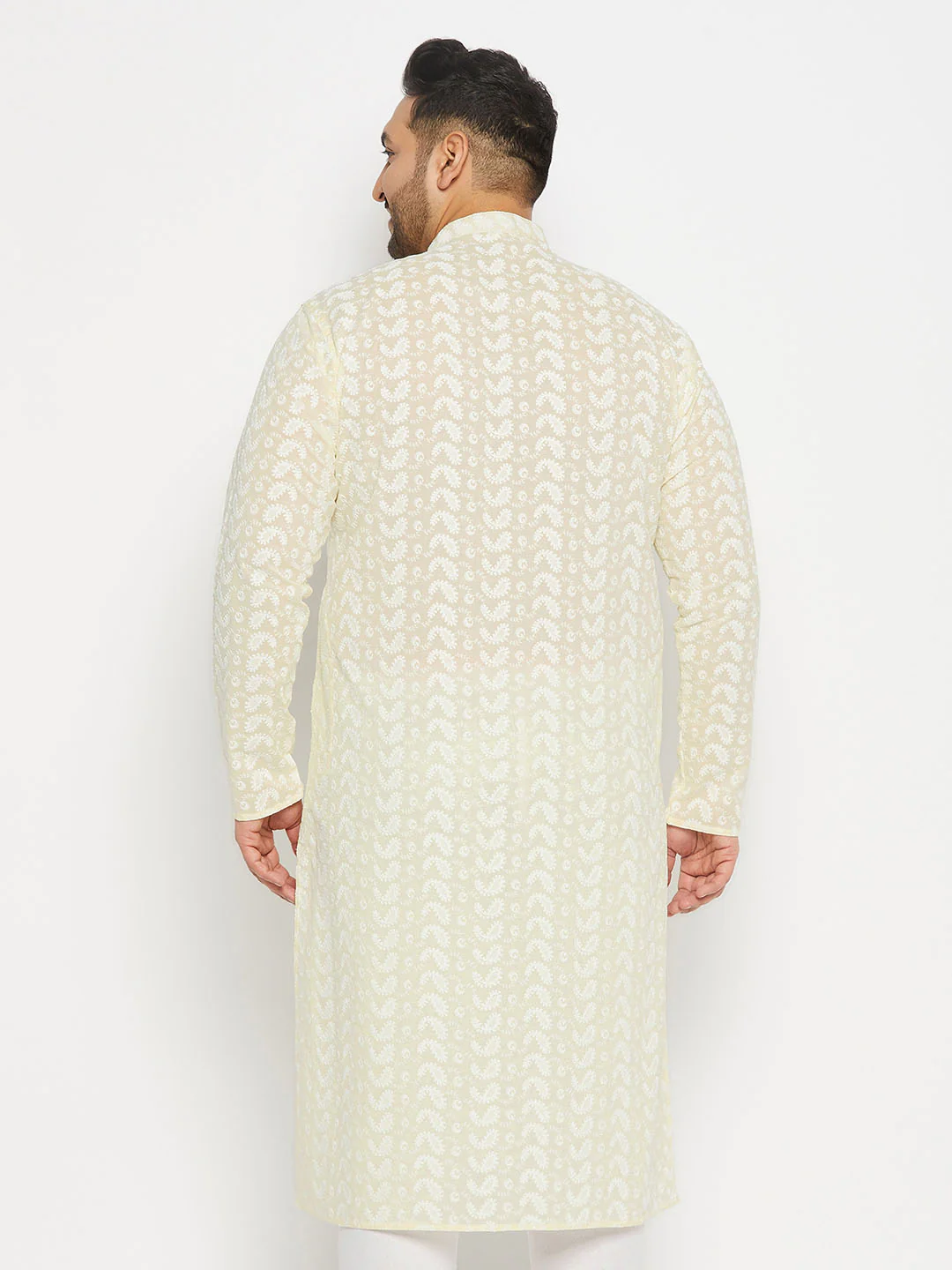 Men's Plus Size Yellow Chikankari Embroidered Kurta - Image 3