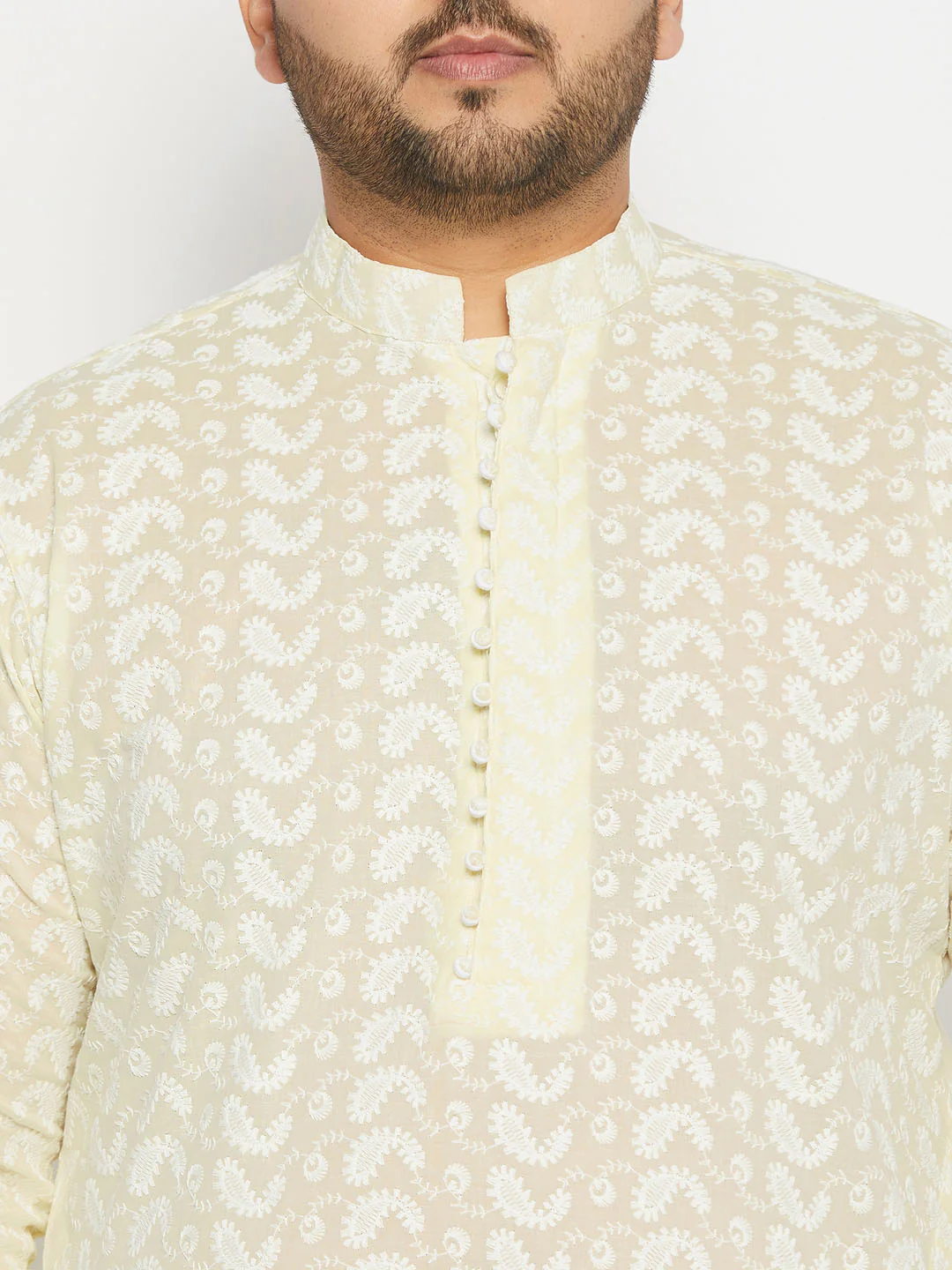 Men's Plus Size Yellow Chikankari Embroidered Kurta - Image 4