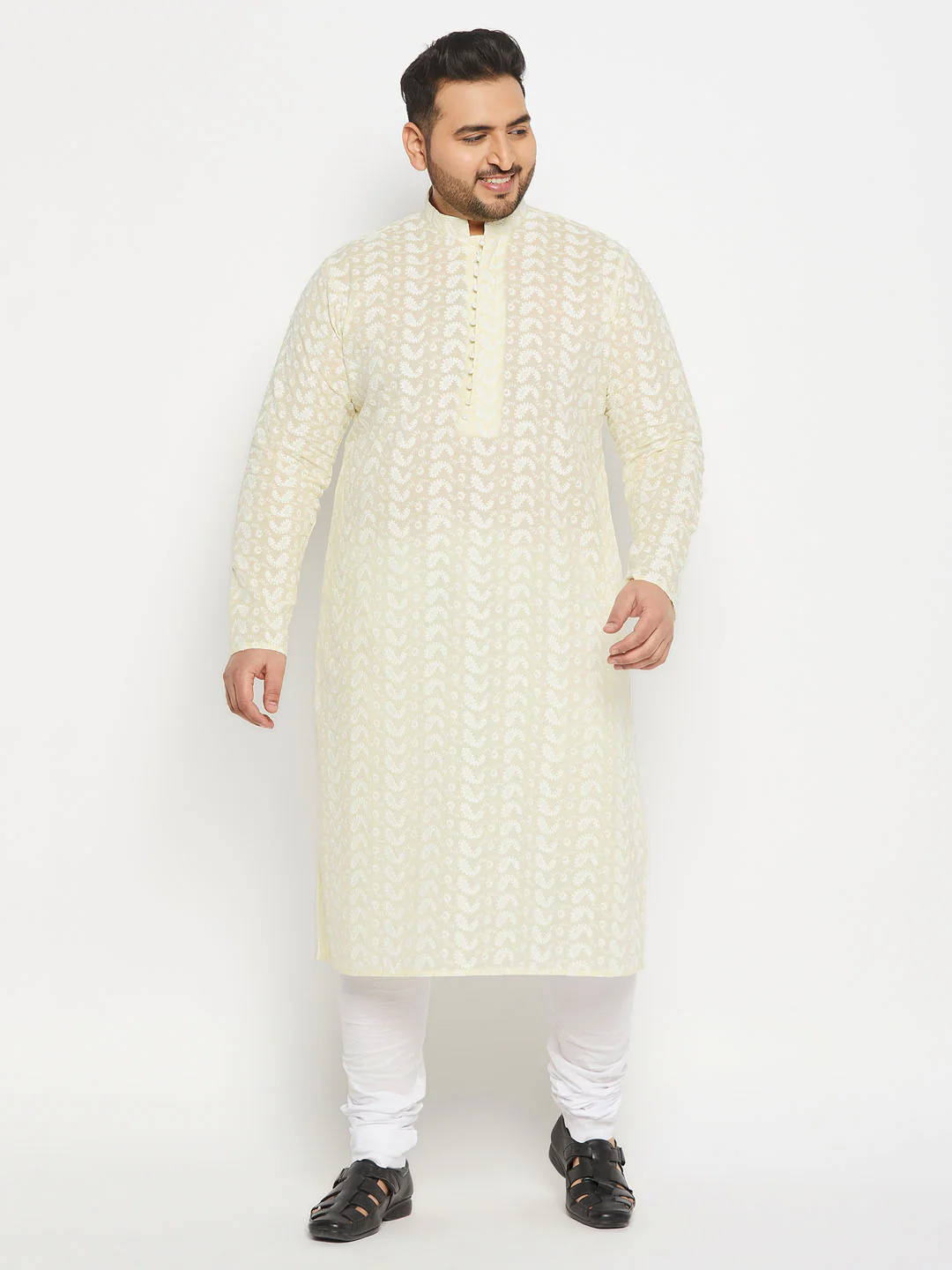 Men's Plus Size Yellow Chikankari Embroidered Kurta - Image 5