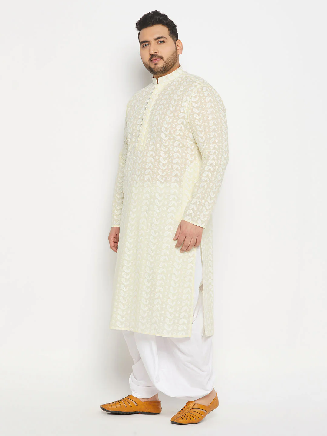 Men's Plus Size Yellow Chikankari Embroidered Kurta And White Dhoti Set - Image 2