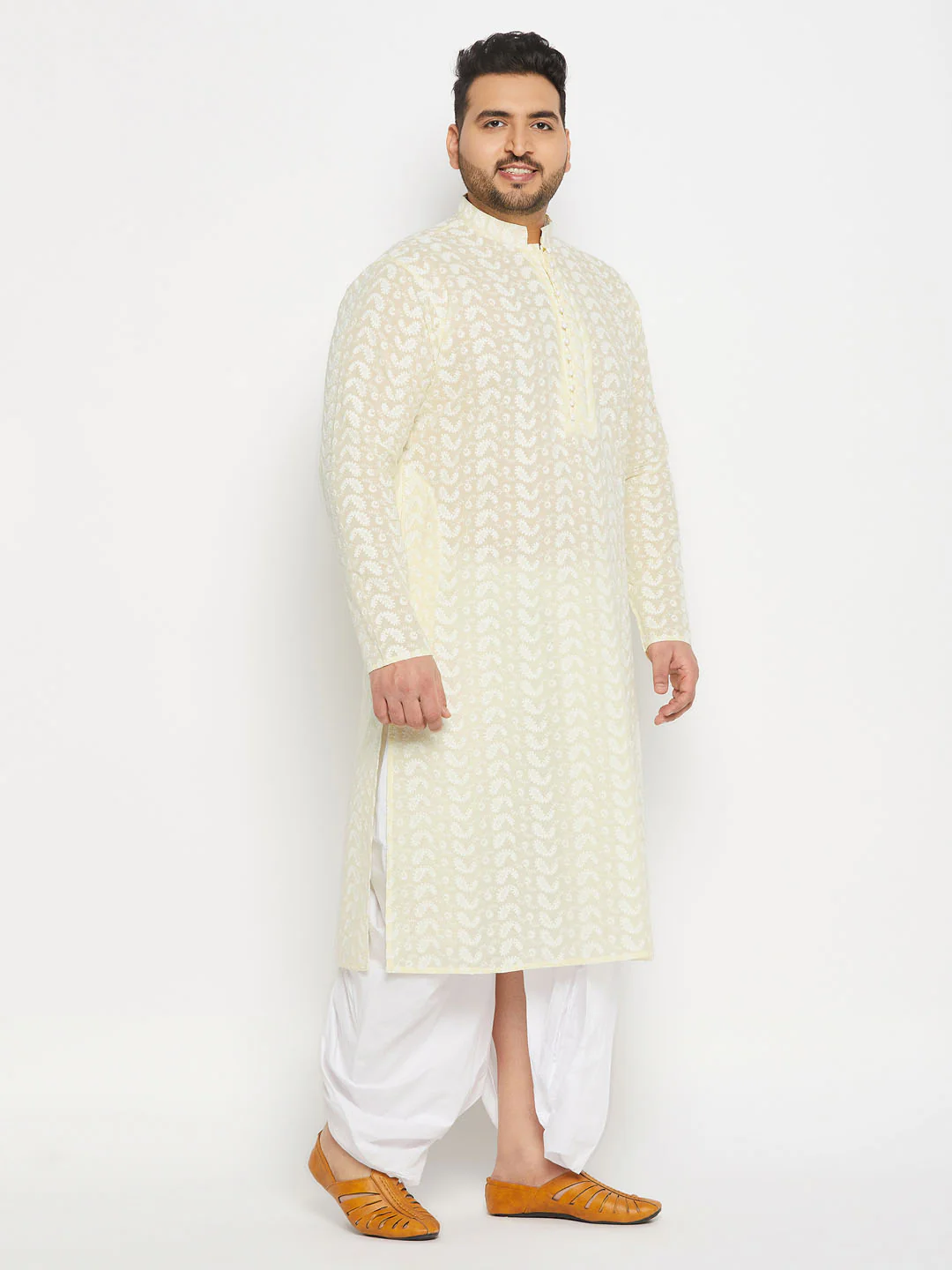 Men's Plus Size Yellow Chikankari Embroidered Kurta And White Dhoti Set - Image 6