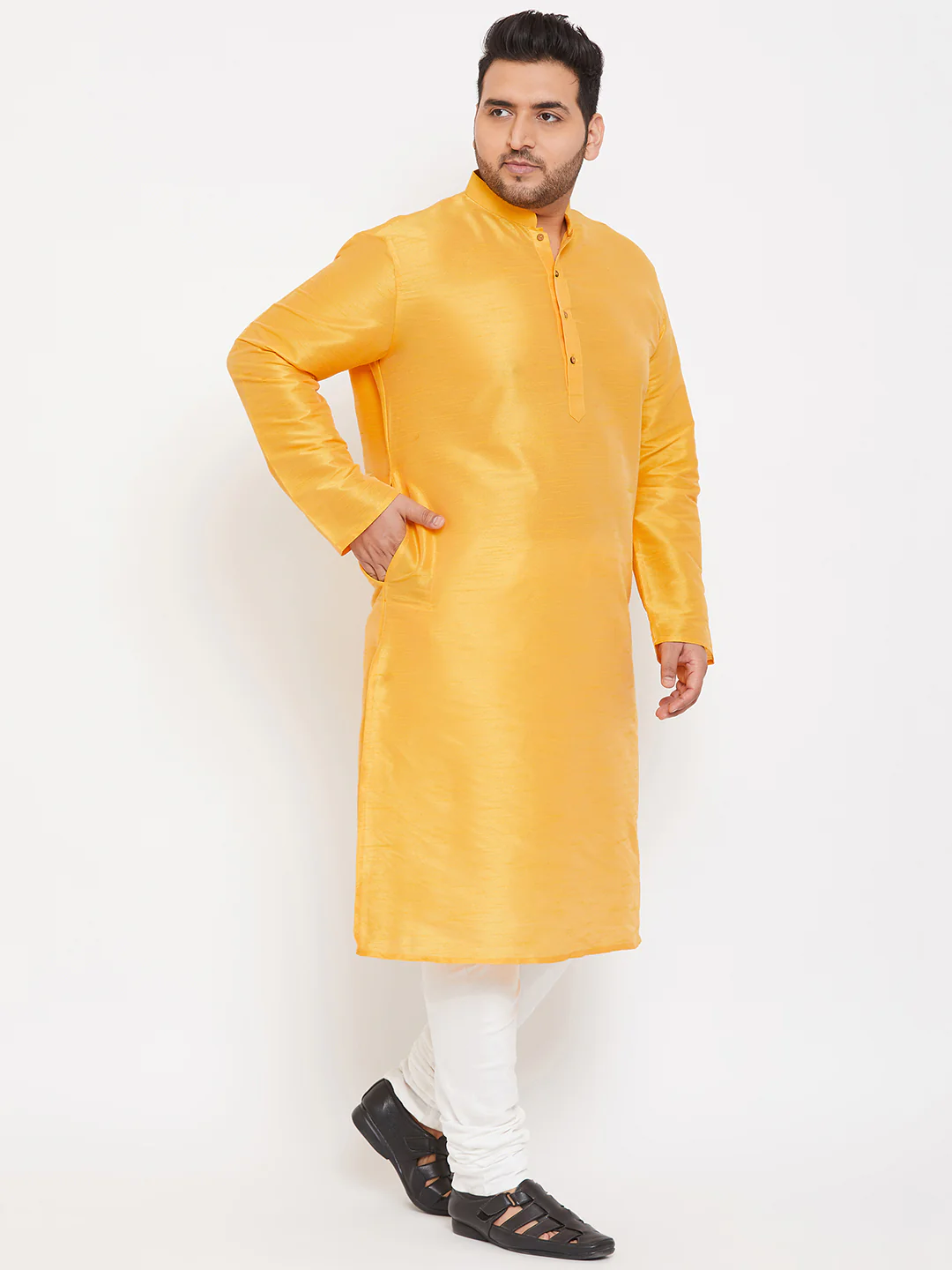 Men's Plus Size Yellow Silk Blend Kurta Pyjama Set - Image 2
