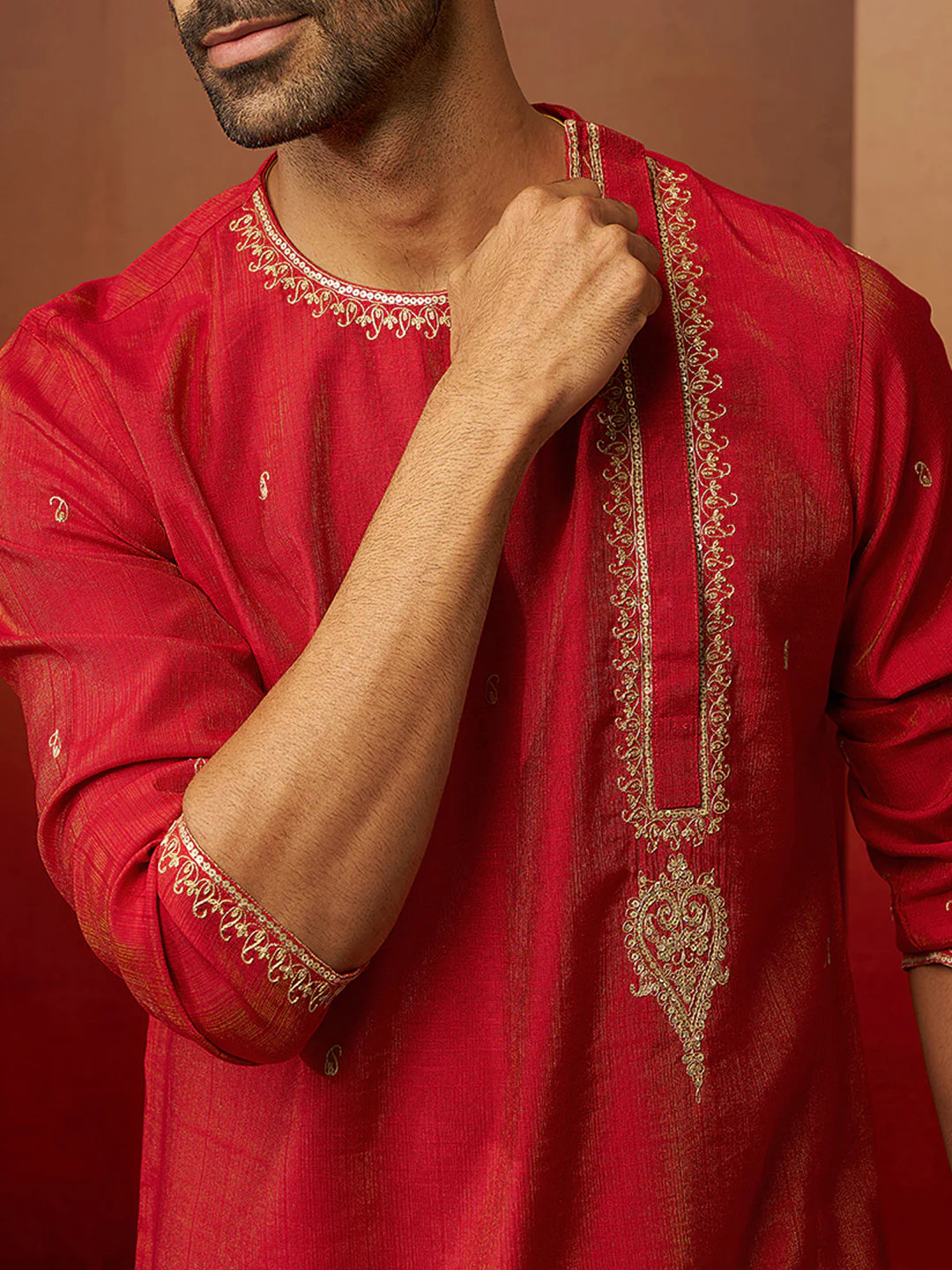 Men's Red Zari Kurta with Beige Dhoti - Image 2