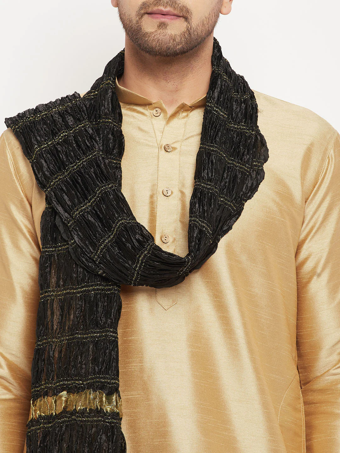Men's Rose Gold And Black Silk Blend Kurta, Pyjama & Dupatta Set - Image 3