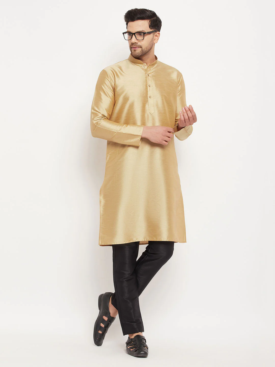 Men's Rose Gold Silk Blend Kurta And Black Pant Style Pyjama Set - Image 6
