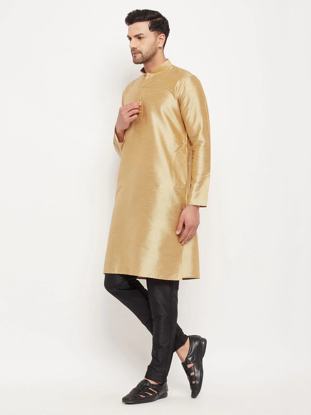 Men's Rose Gold Silk Blend Kurta And Black Pant Style Pyjama Set - Image 7