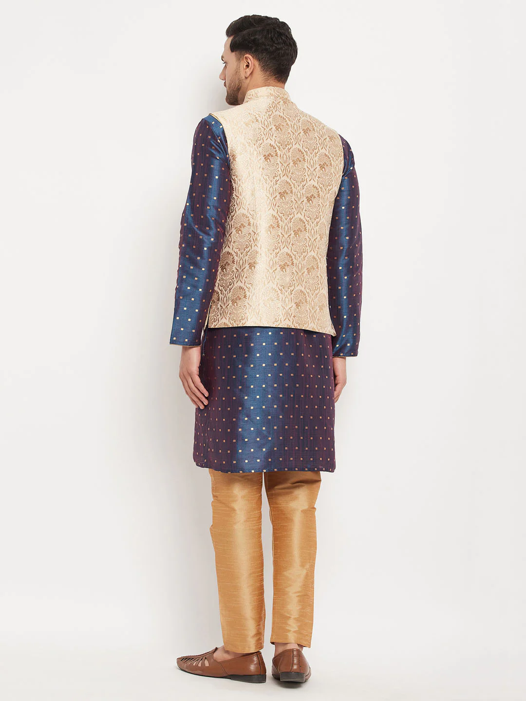 Men's Rose Gold Jacquard Jacket With Kurta And Pant Set - Image 3