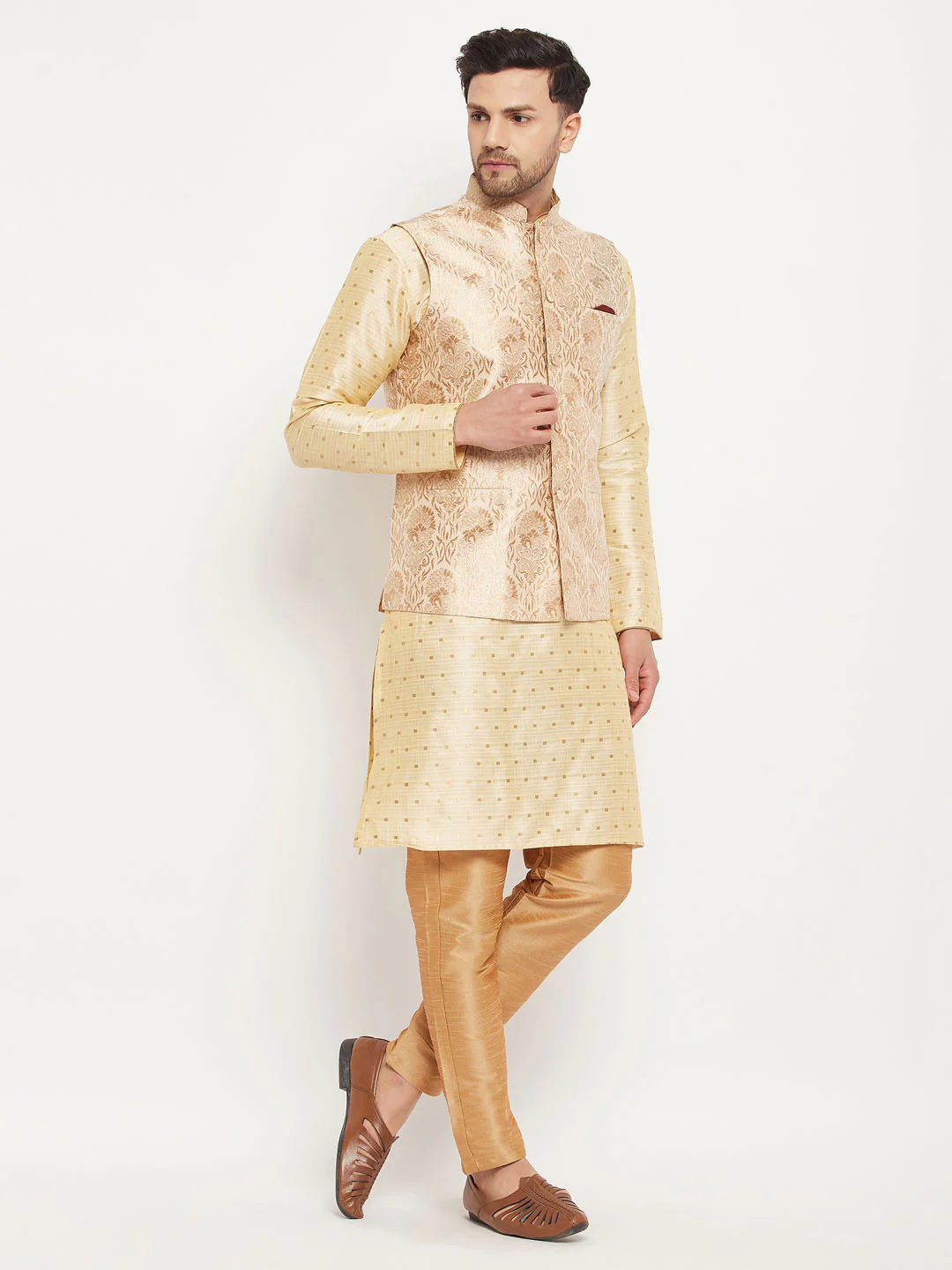 Men's Rose Gold Jacquard Jacket With Kurta And Pant Set - Image 2