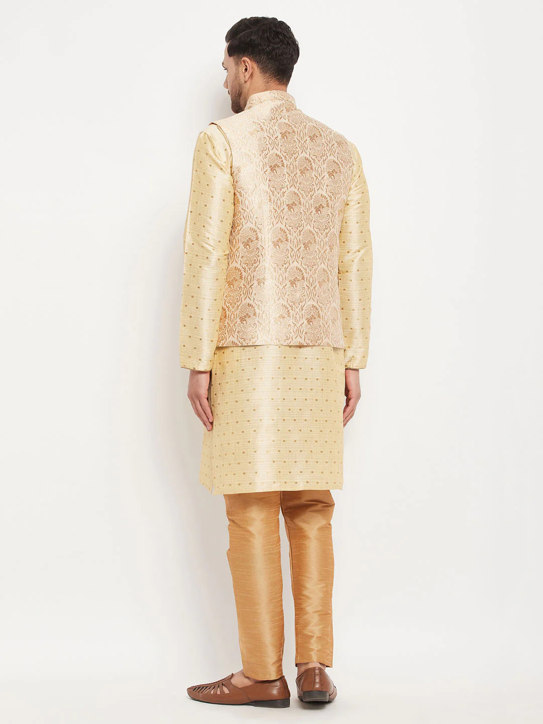 Men's Rose Gold Jacquard Jacket With Kurta And Pant Set - Image 3