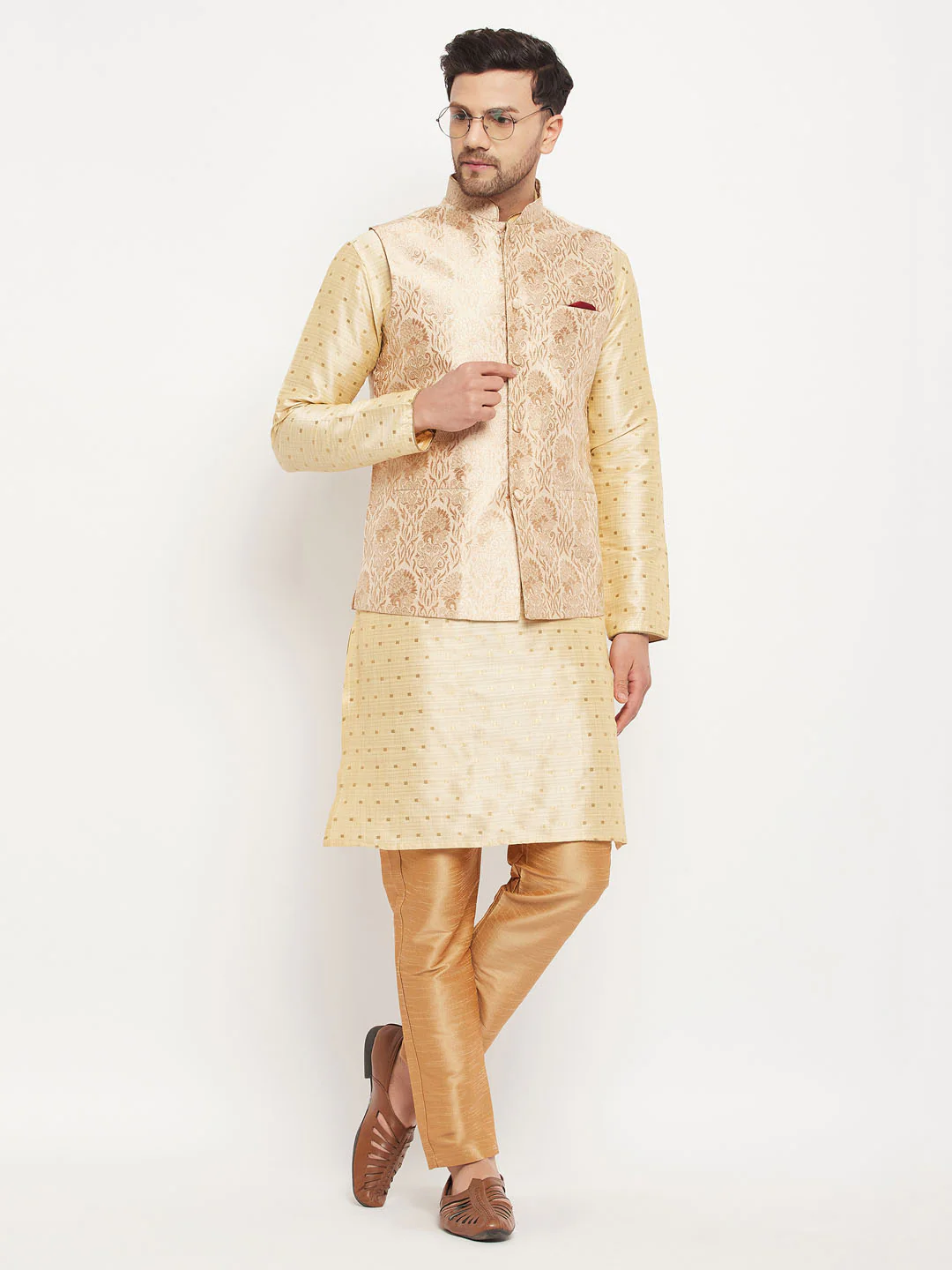 Men's Rose Gold Jacquard Jacket With Kurta And Pant Set - Image 6