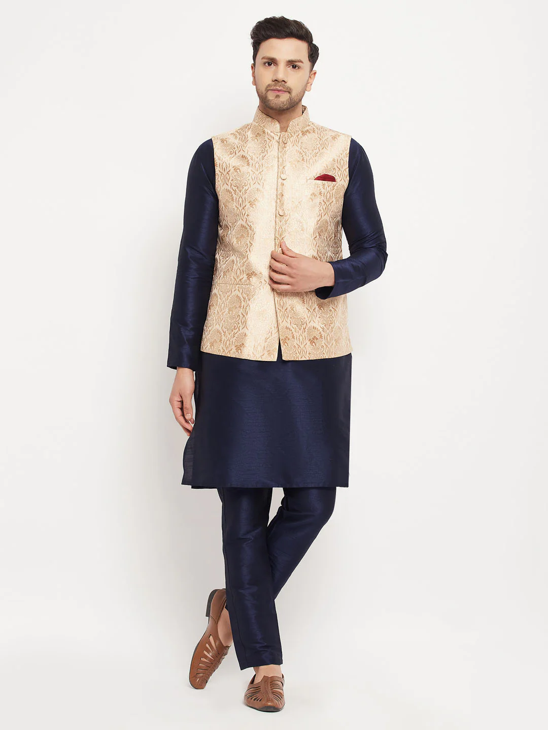 Men's Rose Gold Jacquard Jacket With Kurta And Pant Set - Image 7