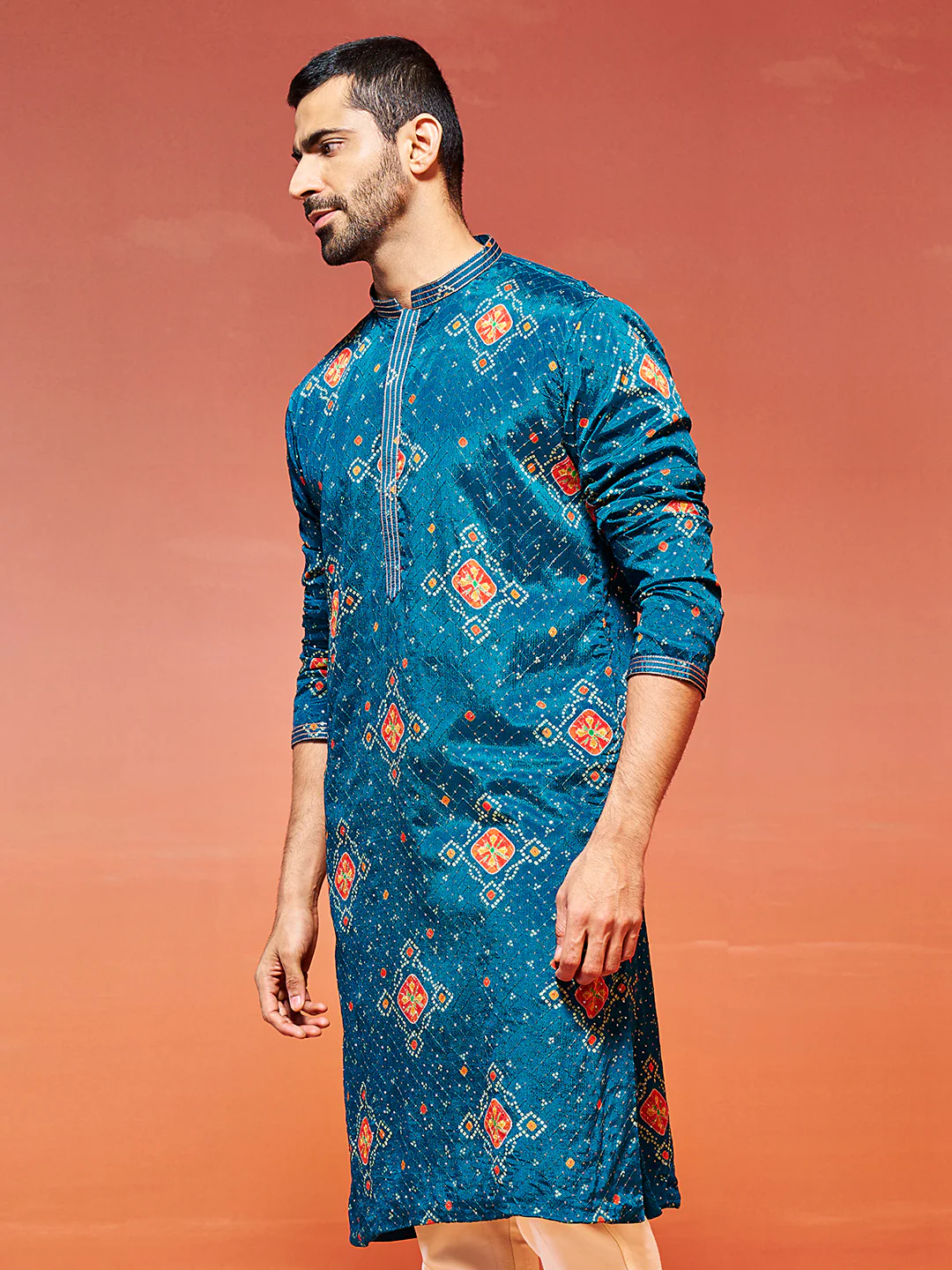Men's Turquoise Chinon Kurta - Image 4