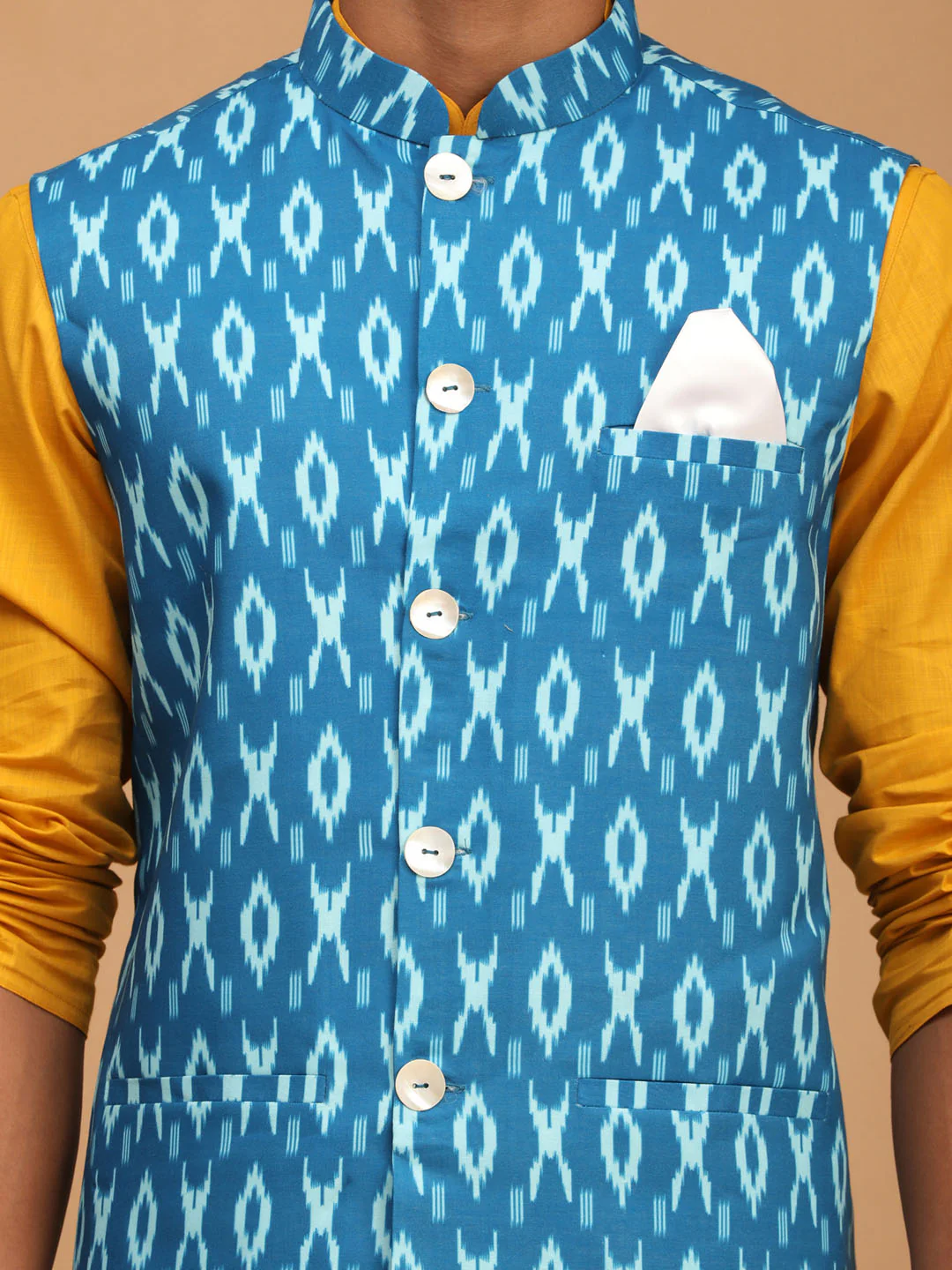 Men's Turquoise Ikkat Printed Cotton Nehru Jacket With Mustard Kurta And White Pyjama Set - Image 4