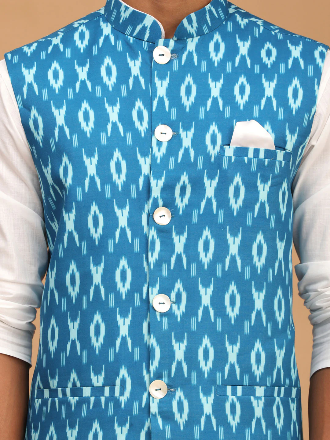 Men's Turquoise Cotton Nehru Jacket With White Kurta And Pyjama Set - Image 4