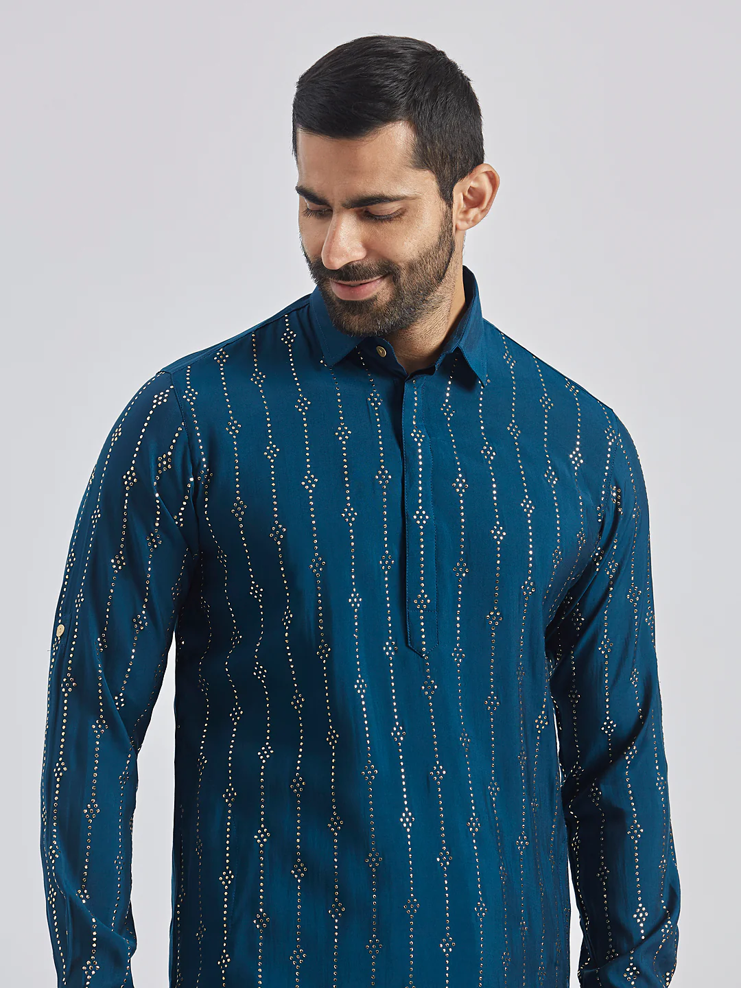 Men's Turquoise Silk Blend Kurta - Image 3