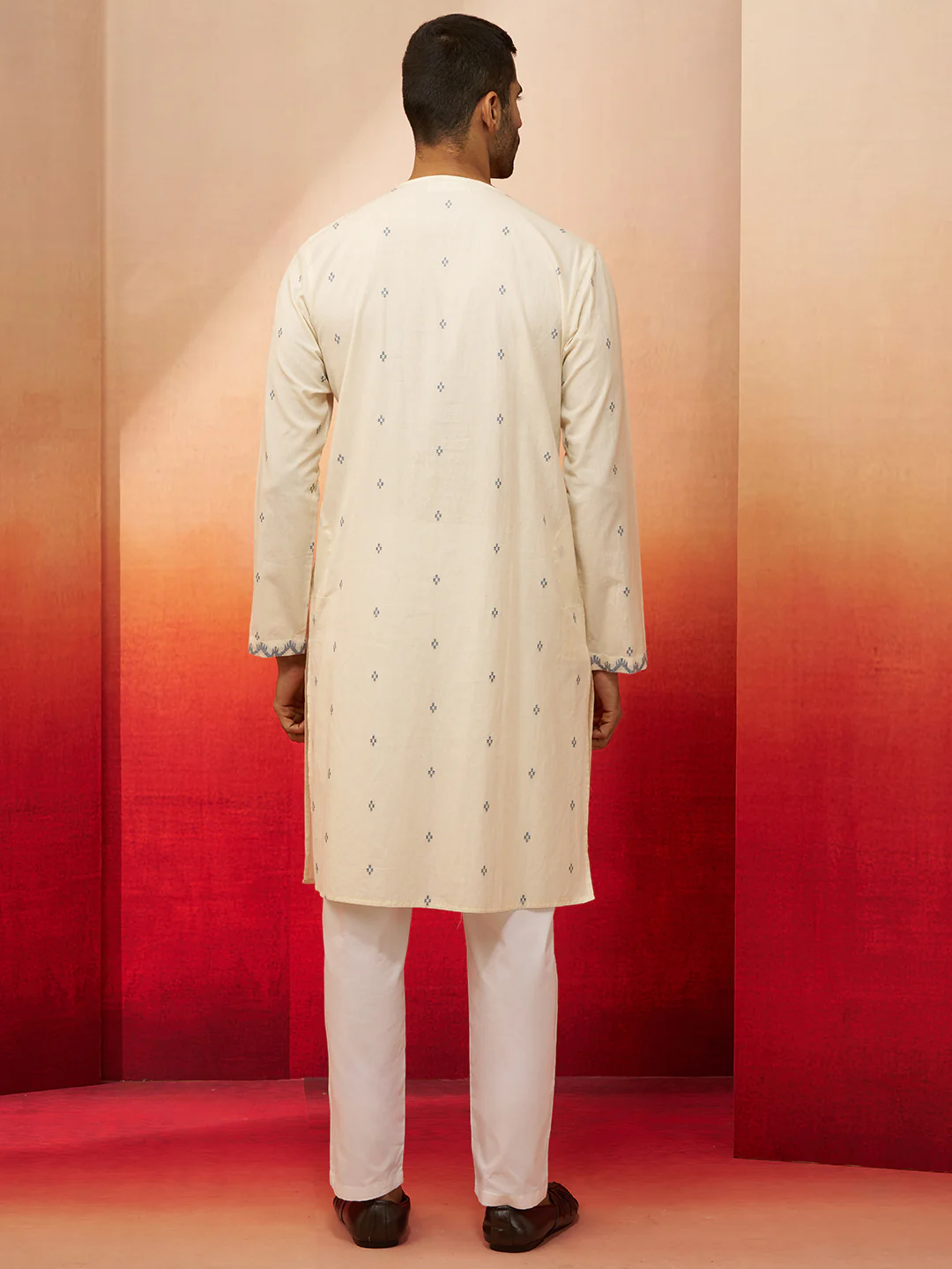 Men's White Blue Jamdani Kurta Pyjama Set - Image 5