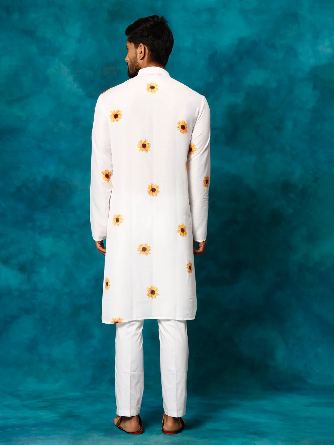 Men's White Cotton Blend Sunflower Print Kurta Pant Set - Image 3