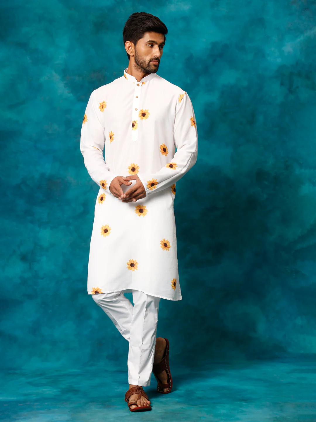 Men's White Cotton Blend Sunflower Print Kurta Pant Set - Image 7