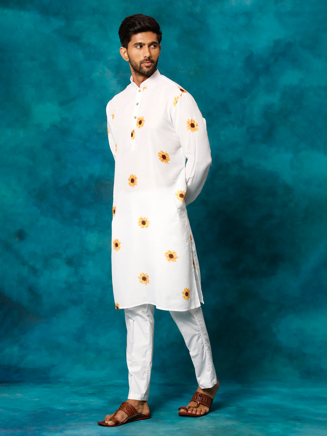 Men's White Cotton Blend Sunflower Print Kurta Pant Set - Image 8
