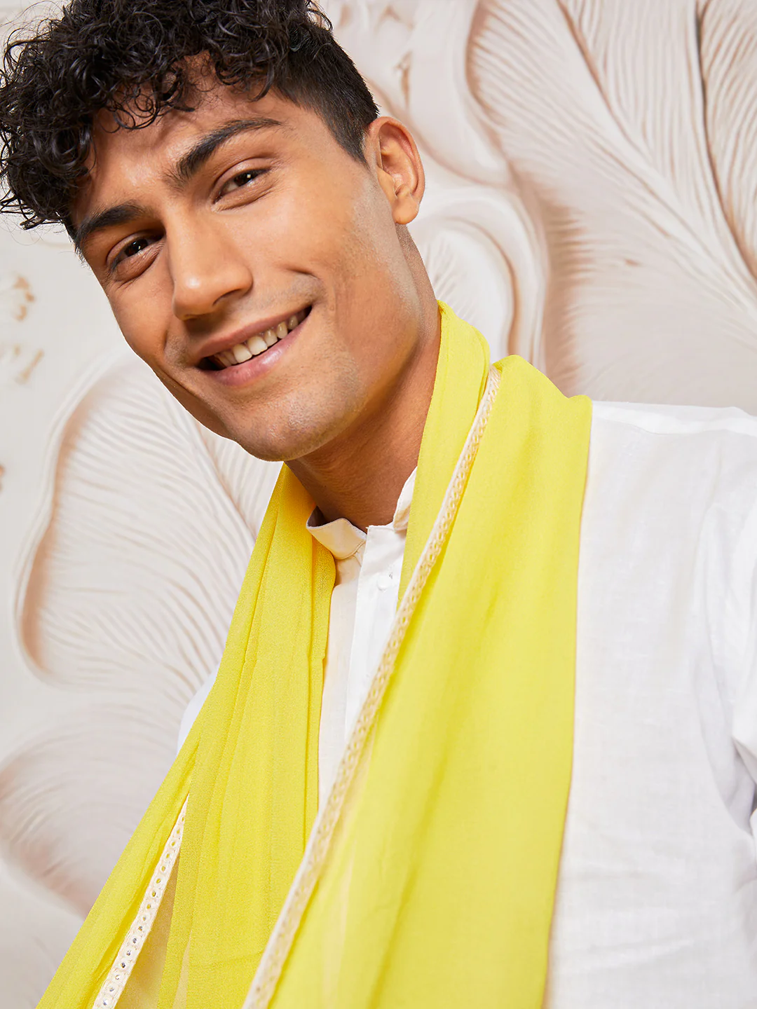 Men's White Cotton  Kurta,Pyjama And Dupatta Set - Image 2