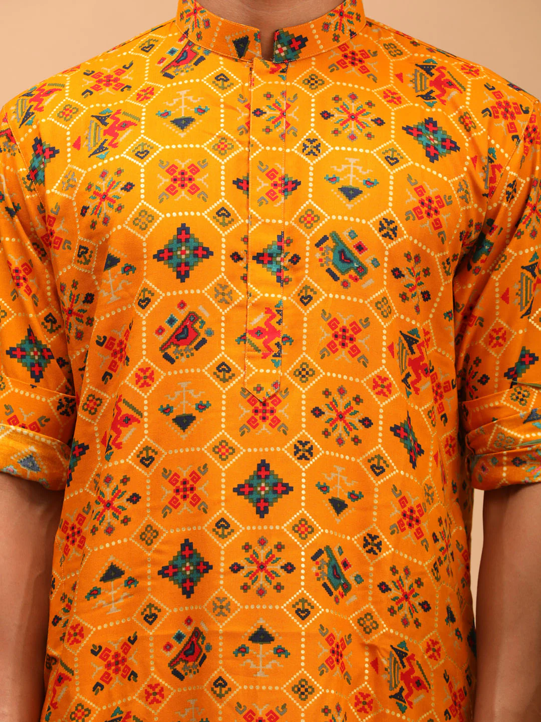 Men's Yellow Printed Rayon Kurta With Patiala Set - Image 4