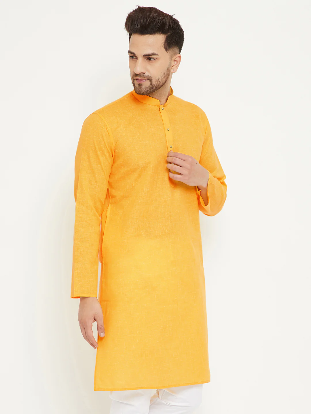 Men's Yellow Cotton Blend Kurta - Image 3