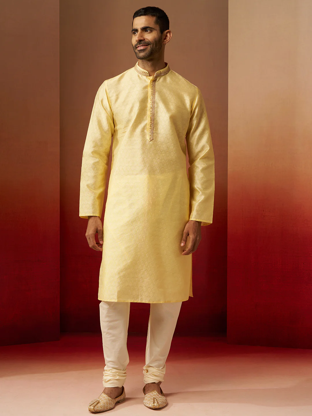 Men's Yellow Jacquard Kurta with Cream Churidar Set - Image 3