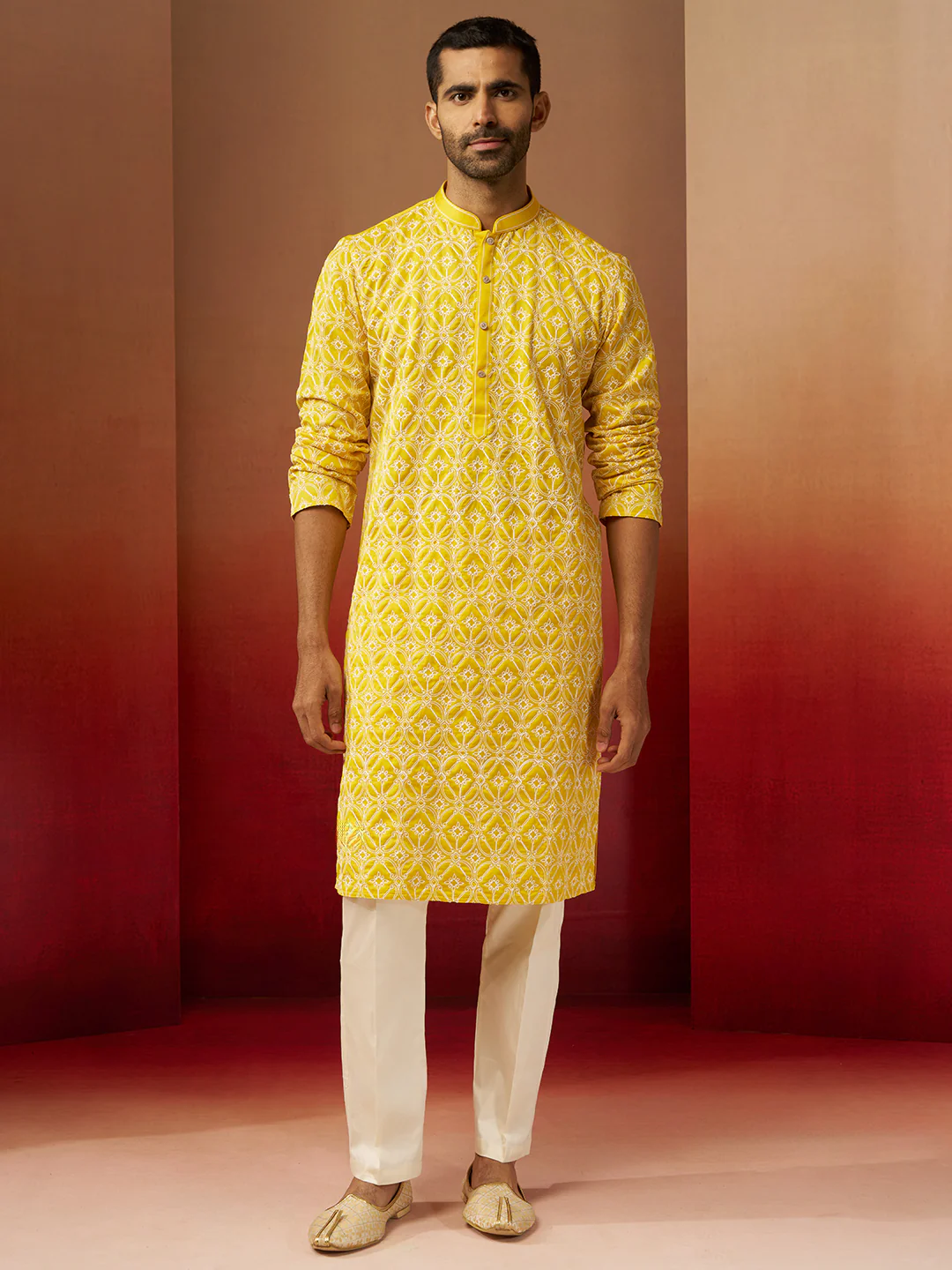 Men's Yellow Thread Embroidered Kurta with Pyjama - Image 4