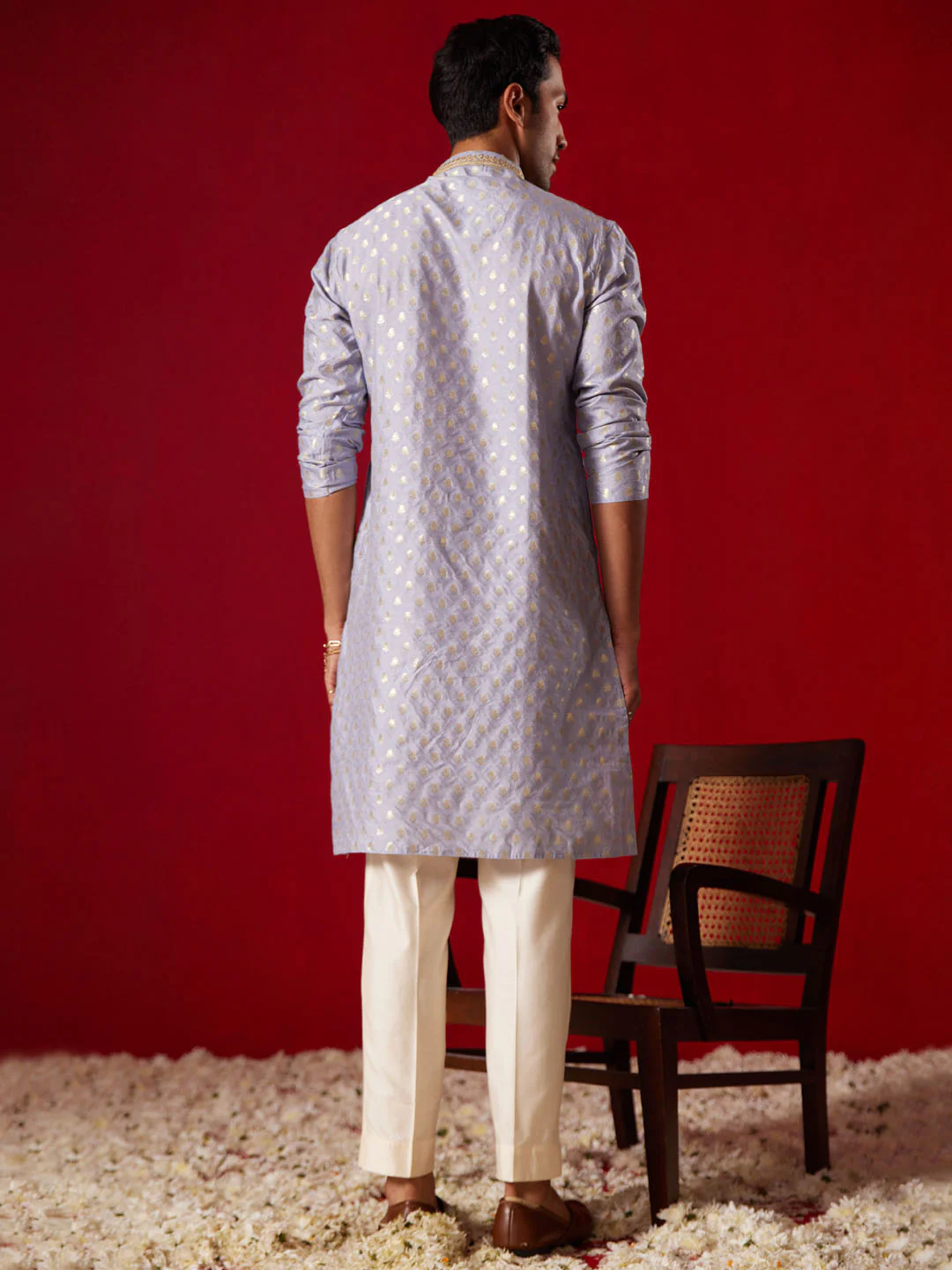 Me's Aqua Blue Silk Blend Jacquard Kurta With Pant Set - Image 3
