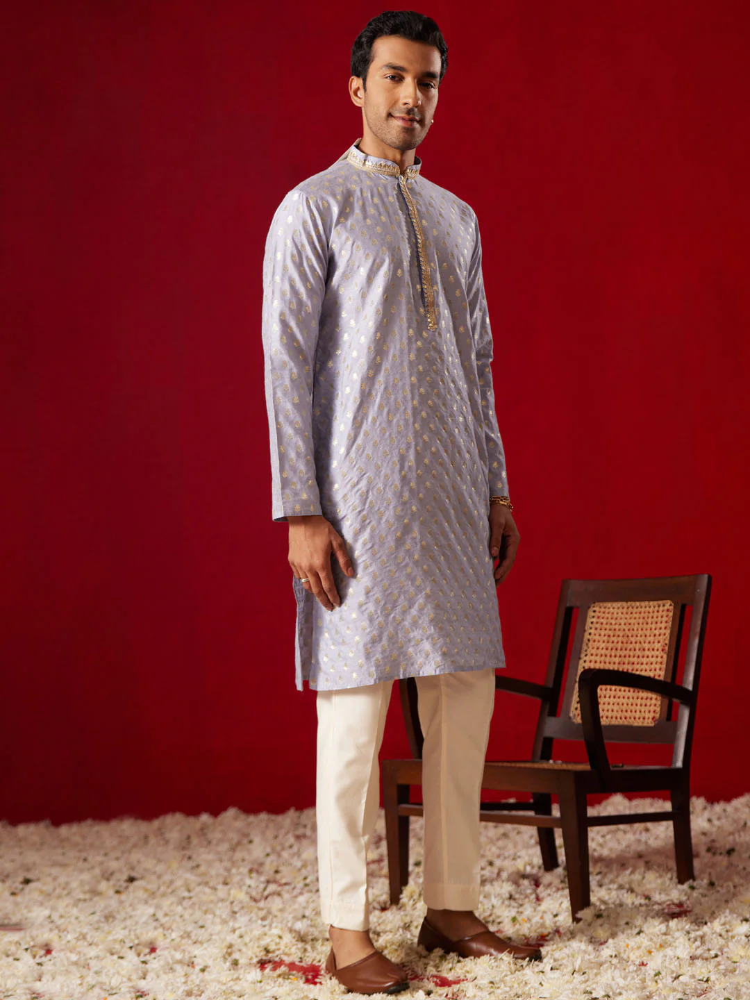 Me's Aqua Blue Silk Blend Jacquard Kurta With Pant Set - Image 7