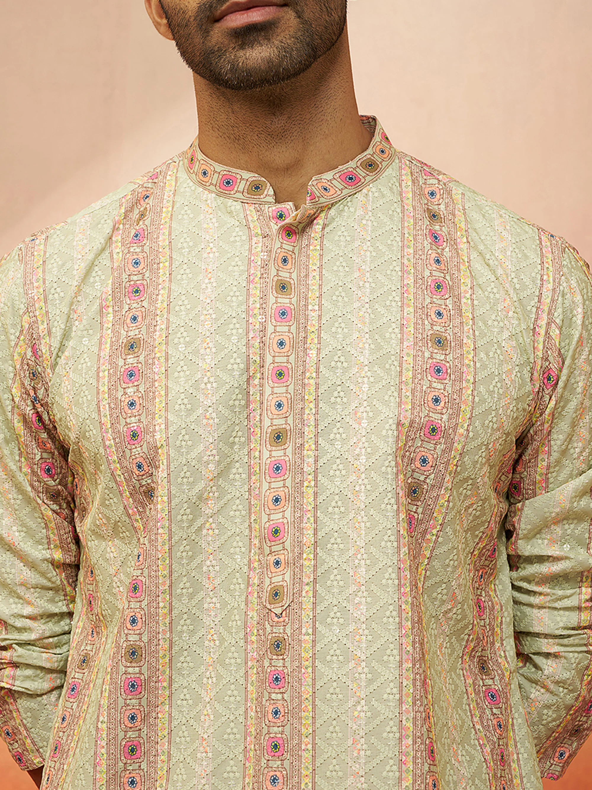 Men Mint Green Cotton Sequin Embroidered Kurta - Image 2