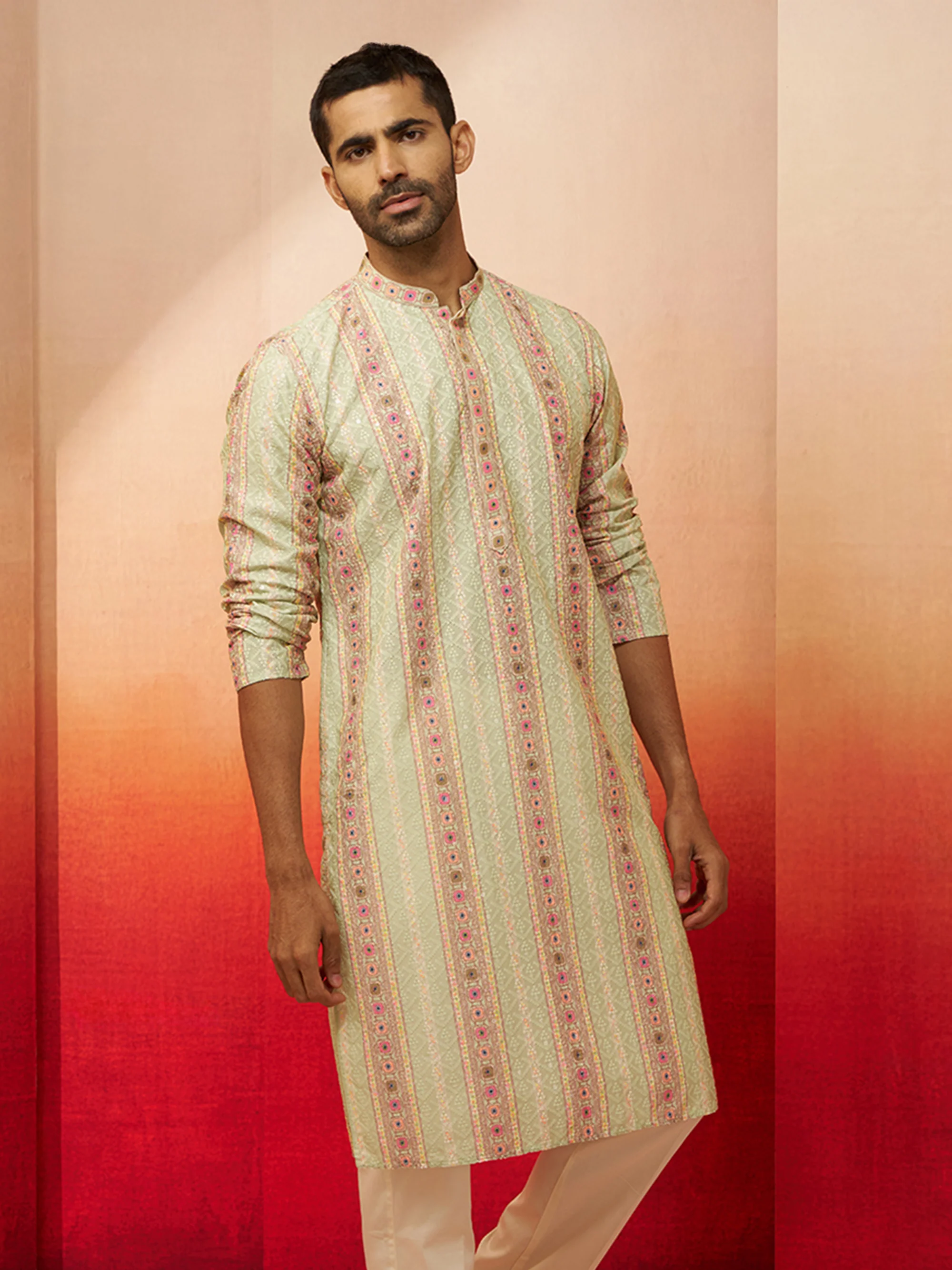 Men Mint Green Cotton Sequin Embroidered Kurta - Image 6