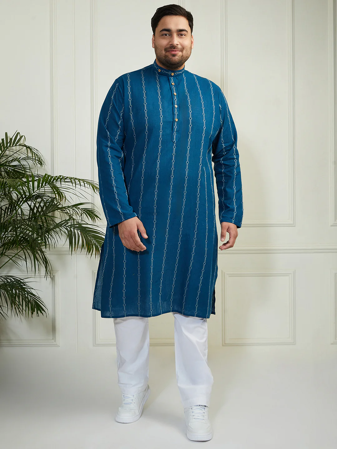 Plus Men's Indigo Blue Cotton Kurta Pyjama Set - Image 3
