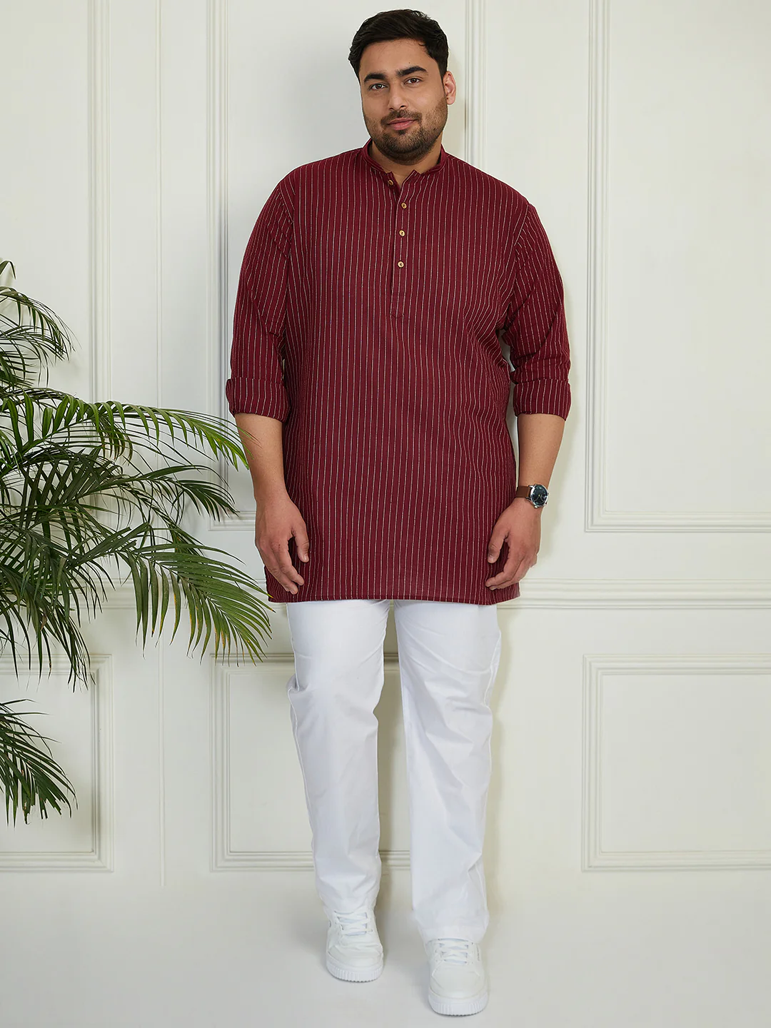 Plus Men's Maroon Cotton Short Kurta - Image 5