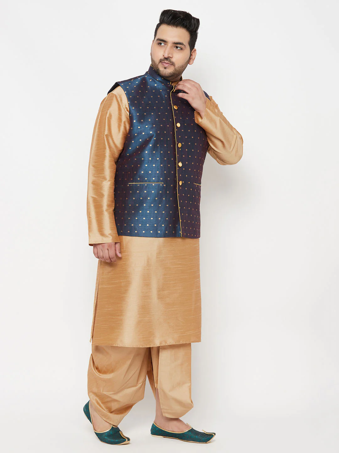 Plus Men's Blue Zari Weaved Nehru Jacket With Kurta Dhoti Set - Image 2