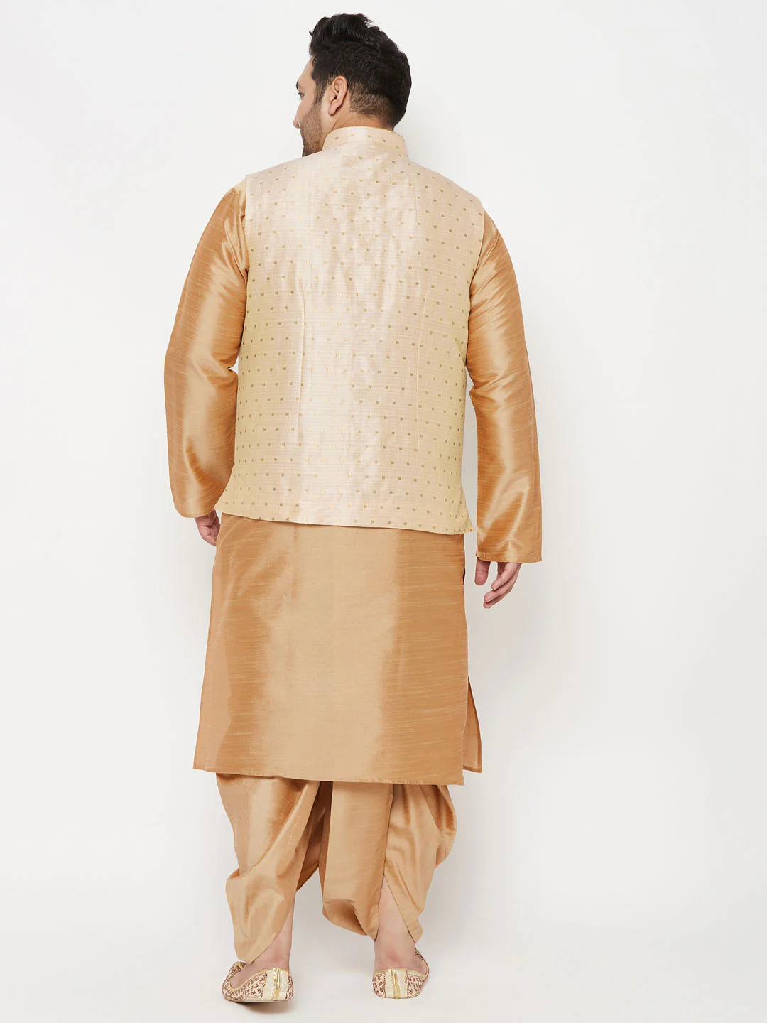 Plus Men's Gold Zari Weaved Nehru Jacket With Kurta Dhoti Set - Image 3