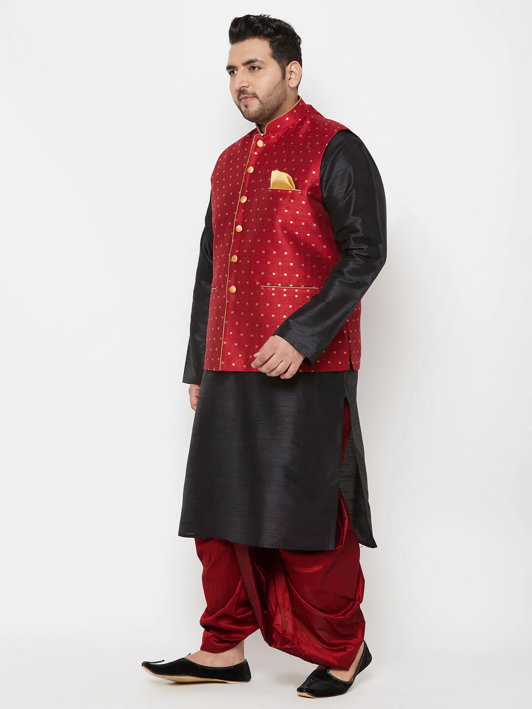 Plus Men's Maroon Zari Weaved Nehru Jacket With Kurta Dhoti Set - Image 2