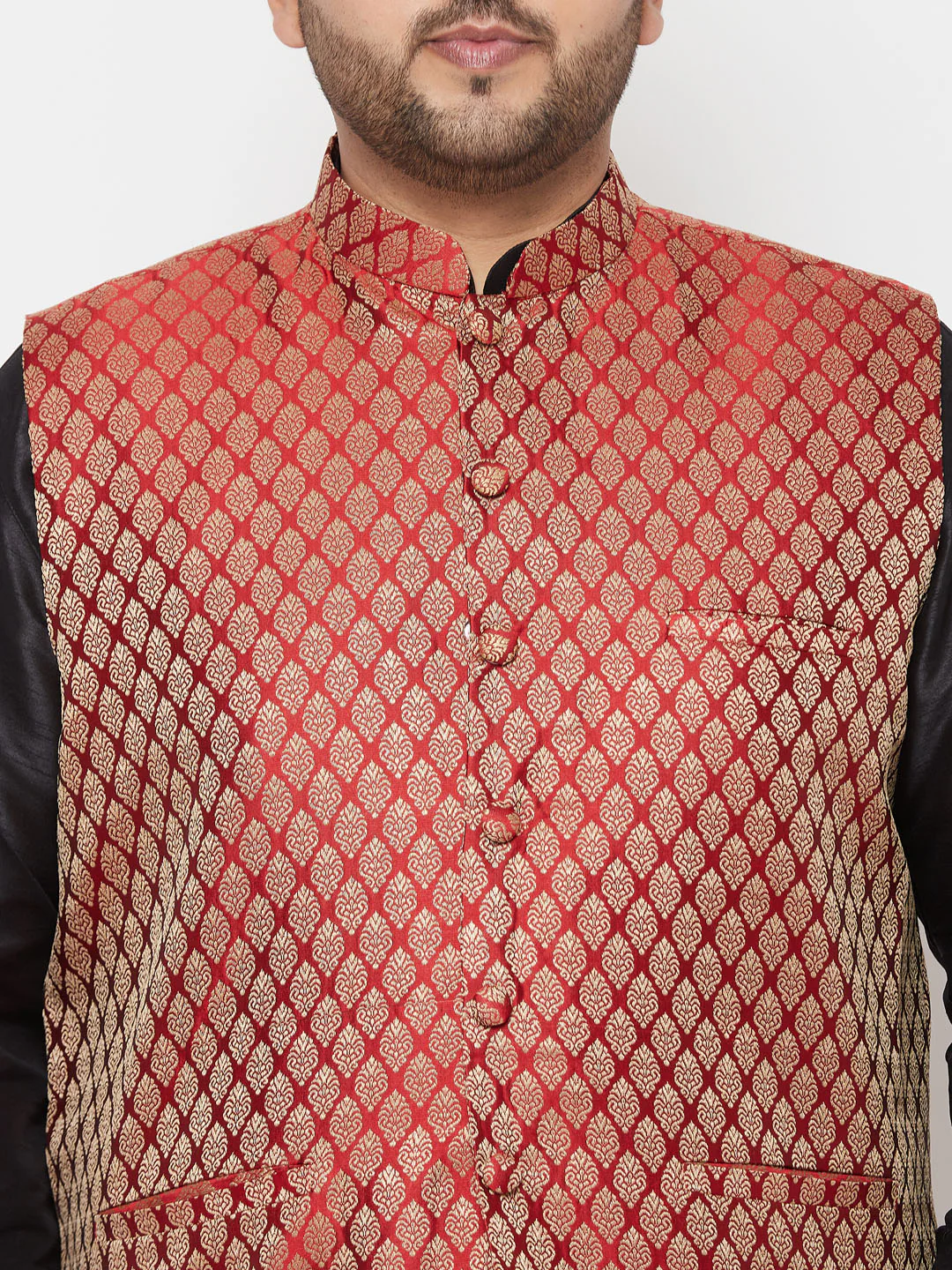 Plus Men's Maroon Nehru Jacket With Black Kurta And Maroon Dhoti Set - Image 4