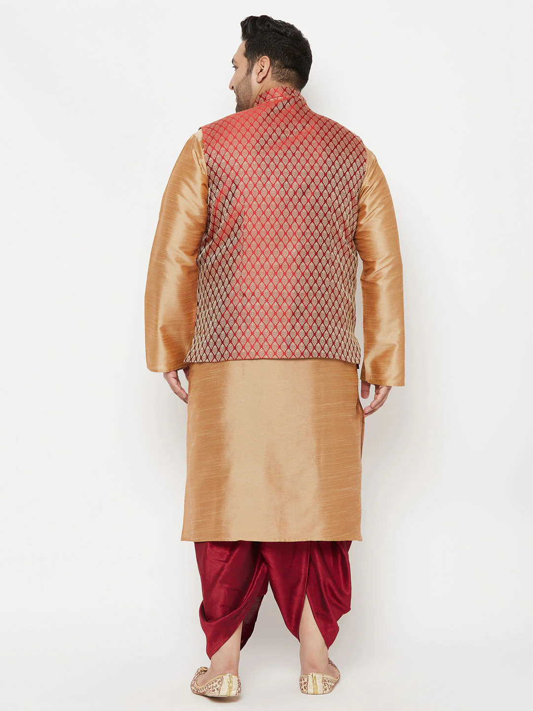 Plus Men's Maroon Nehru Jacket With Rose Gold Kurta And Maroon Dhoti Set - Image 3