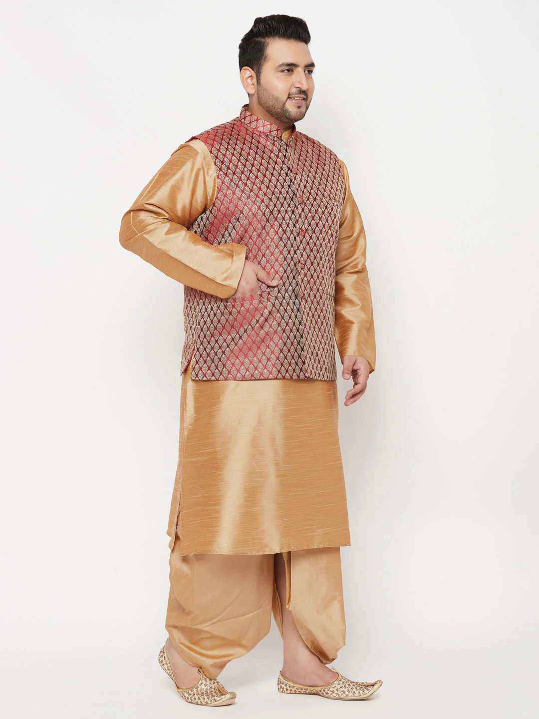 Plus Men's Maroon Nehru Jacket With Rose Gold Kurta And Dhoti Set - Image 6