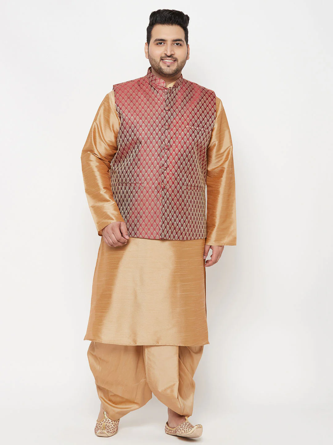 Plus Men's Maroon Nehru Jacket With Rose Gold Kurta And Dhoti Set - Image 7
