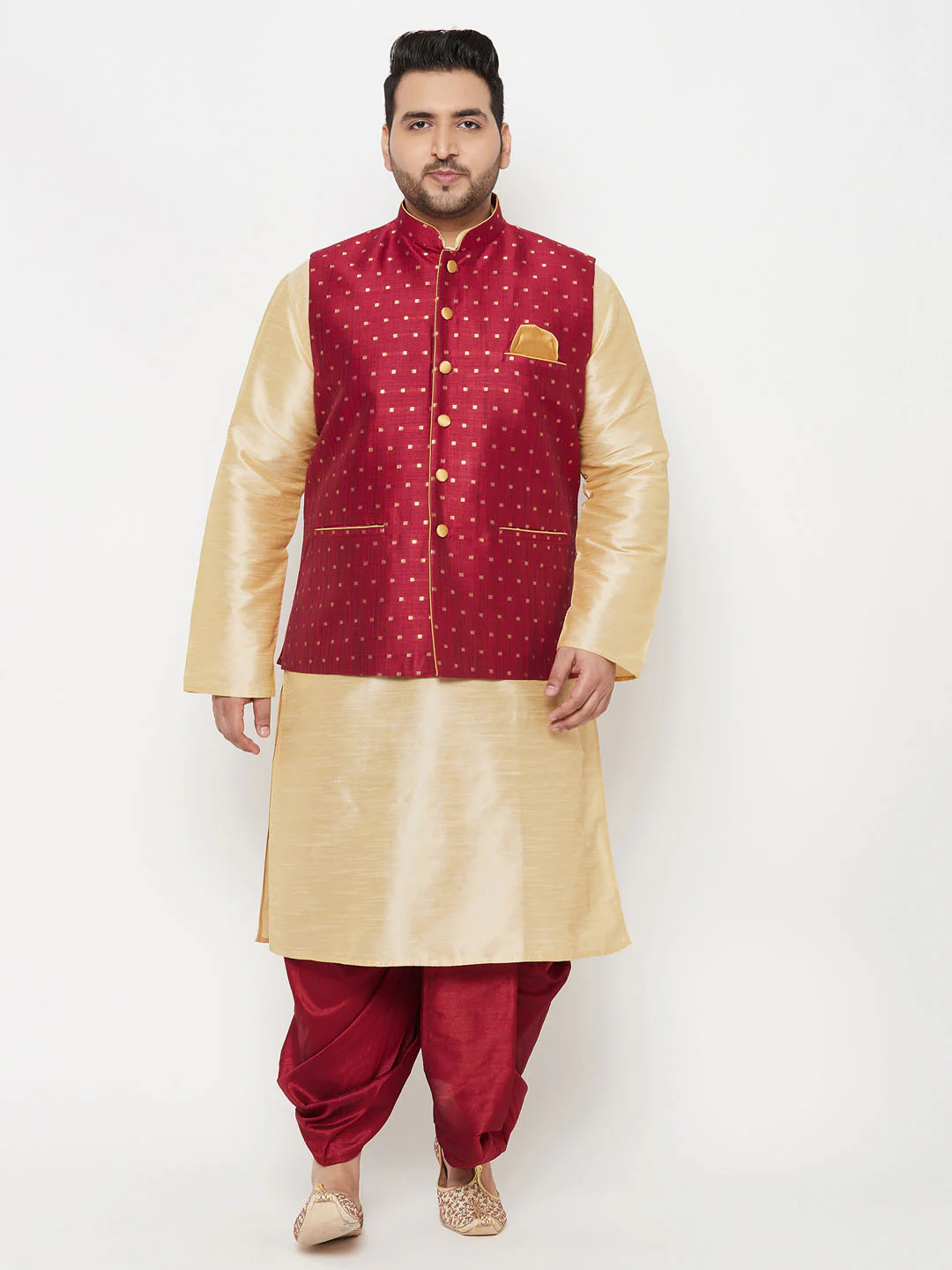 Plus Men's Maroon Zari Weaved Nehru Jacket With Kurta Dhoti Set - Image 7