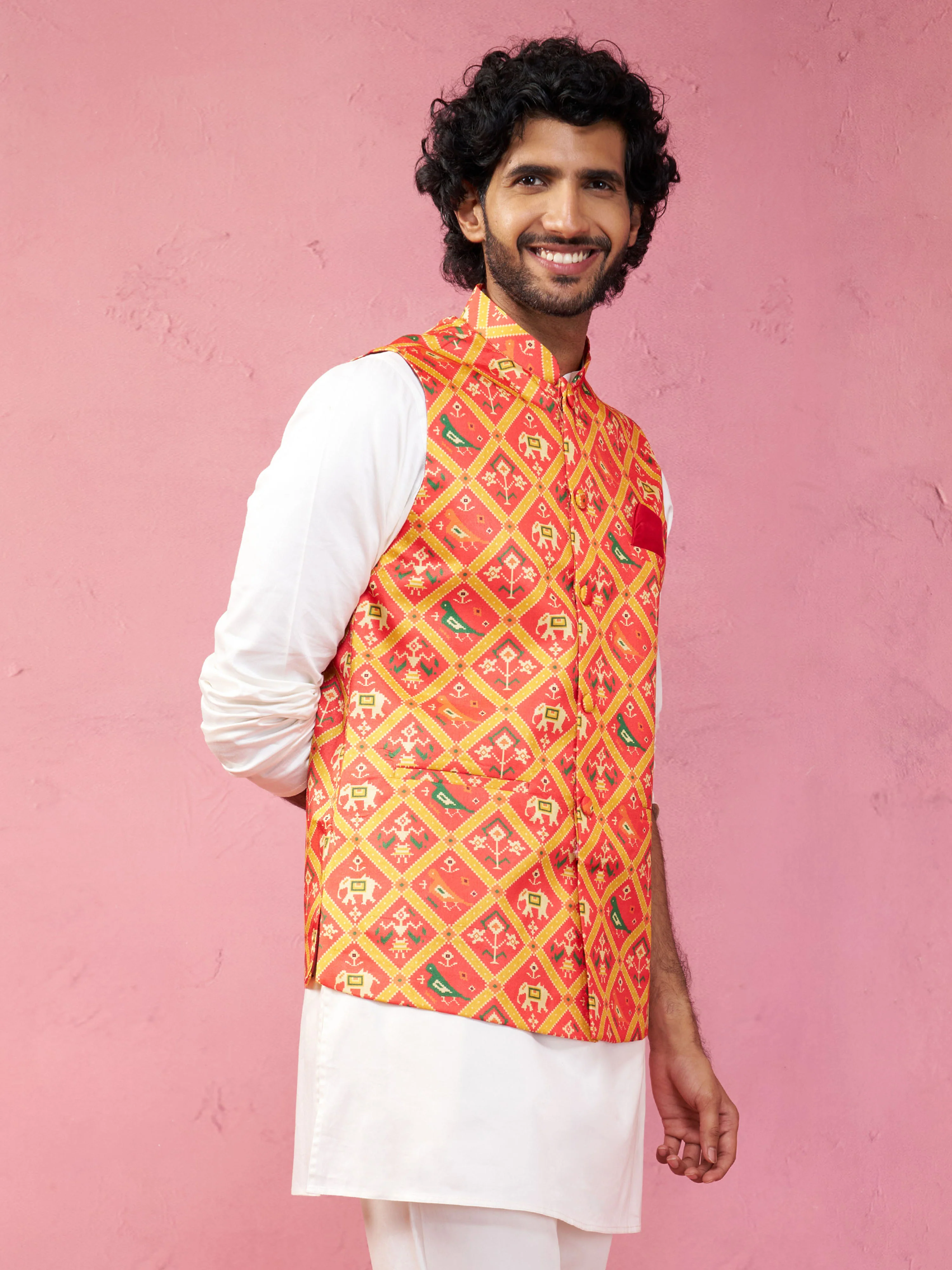 Men's Red Patola Print Nehru Jacket - Image 4