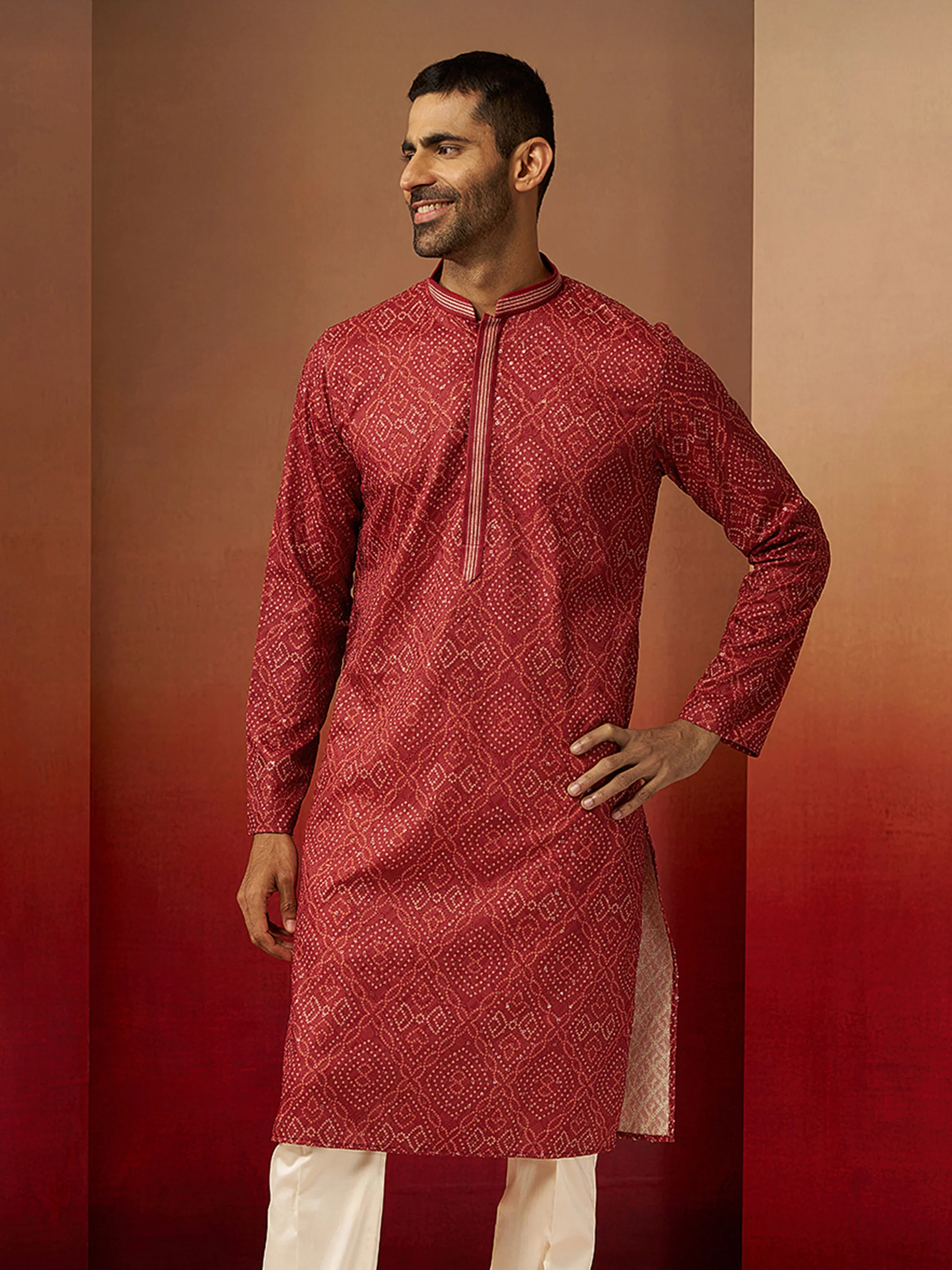 Men Rust Cotton Bandhani Embroidered Kurta - Image 4
