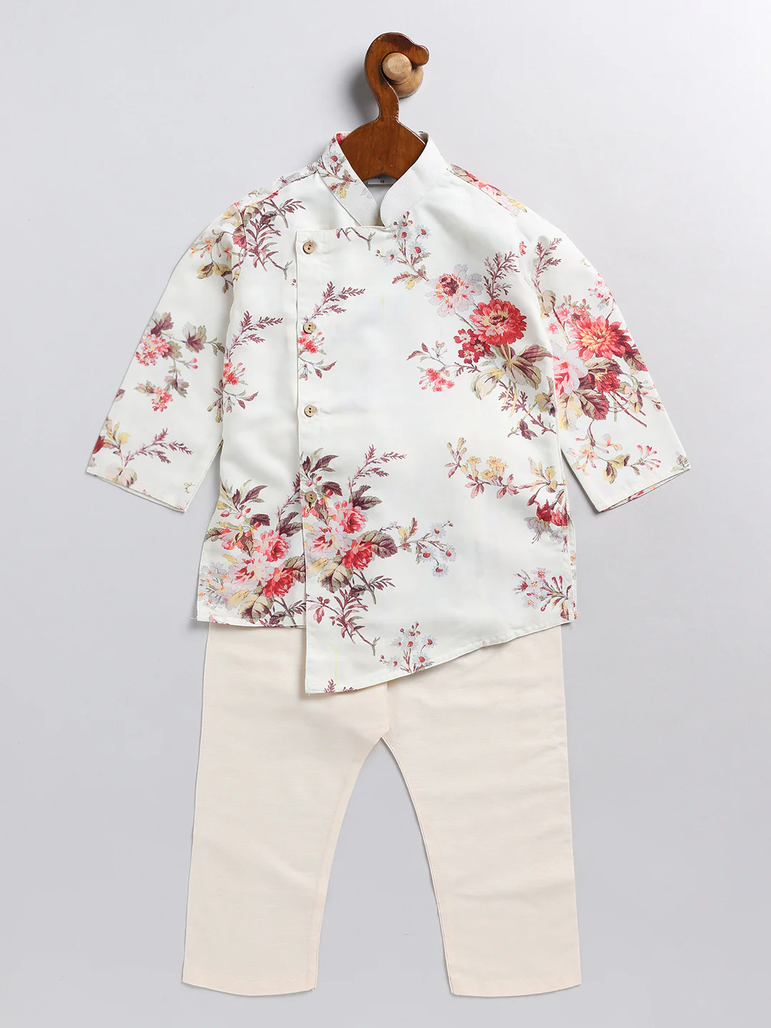 Boy's Cream Floral Printed Angrakha Kurta Pyjama Set - Image 2