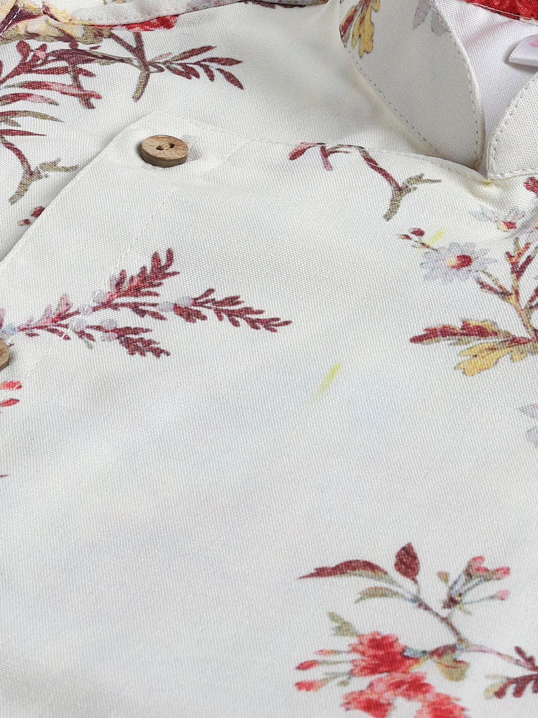 Boy's Cream Floral Printed Angrakha Kurta Pyjama Set - Image 3